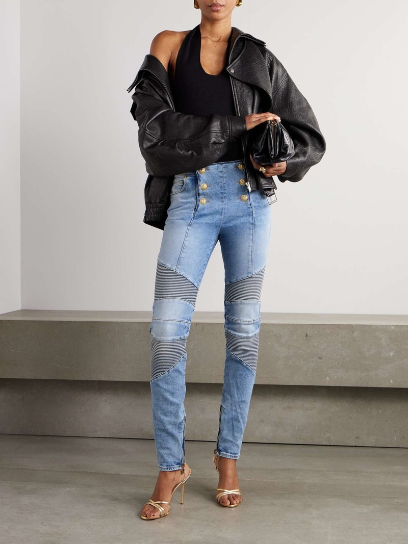 Balmain Embellished paneled high-rise skinny jeans Light denim outlook