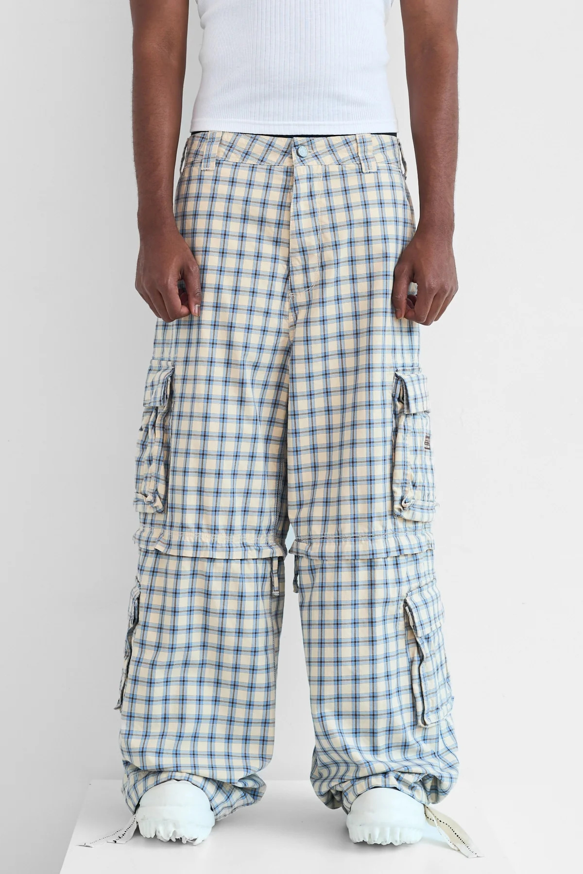 ERL Zip-Off Plaid Cargo Pants Beige Blue - 4