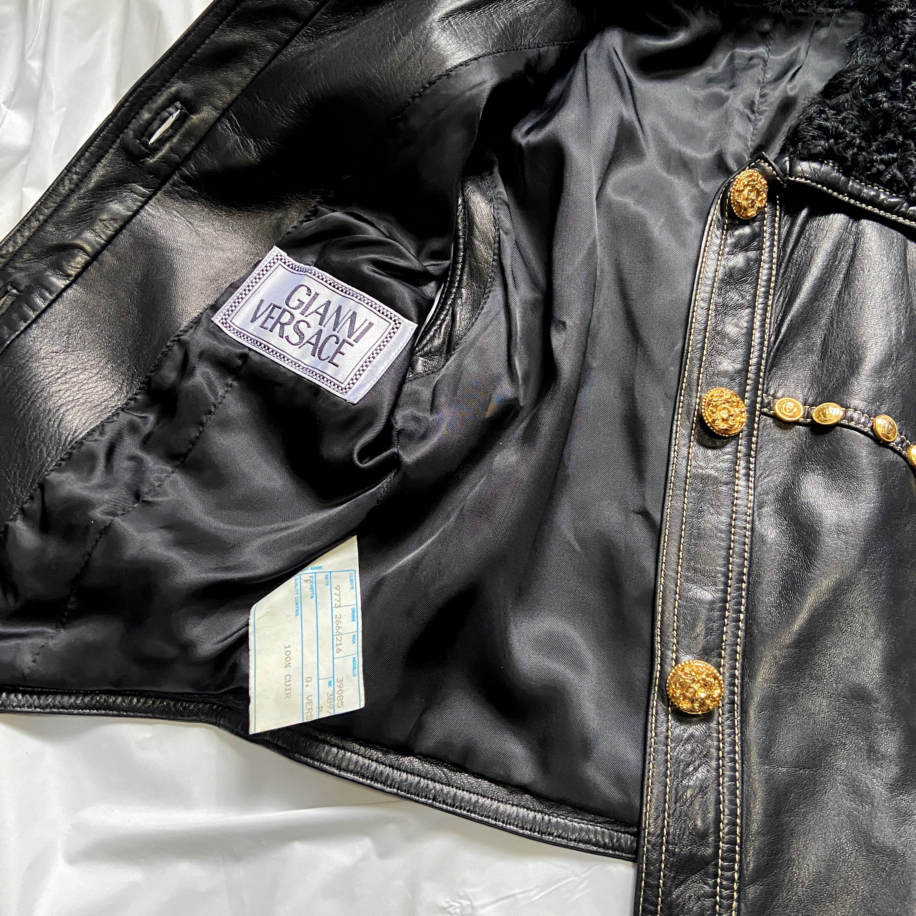 Gianni Versace Fall 1992 Midnight Cowgirl Lambskin Leather Vest with Mongolian Hair Collar and Gold  - 16