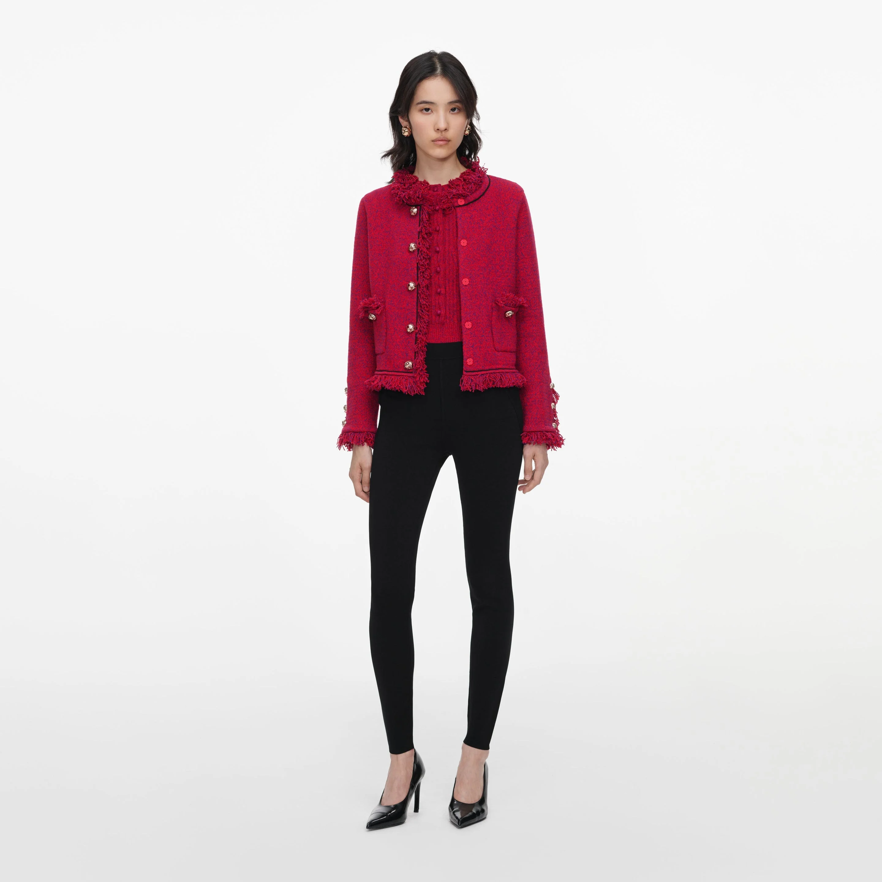 Red Frayed Knit Jacket - 1