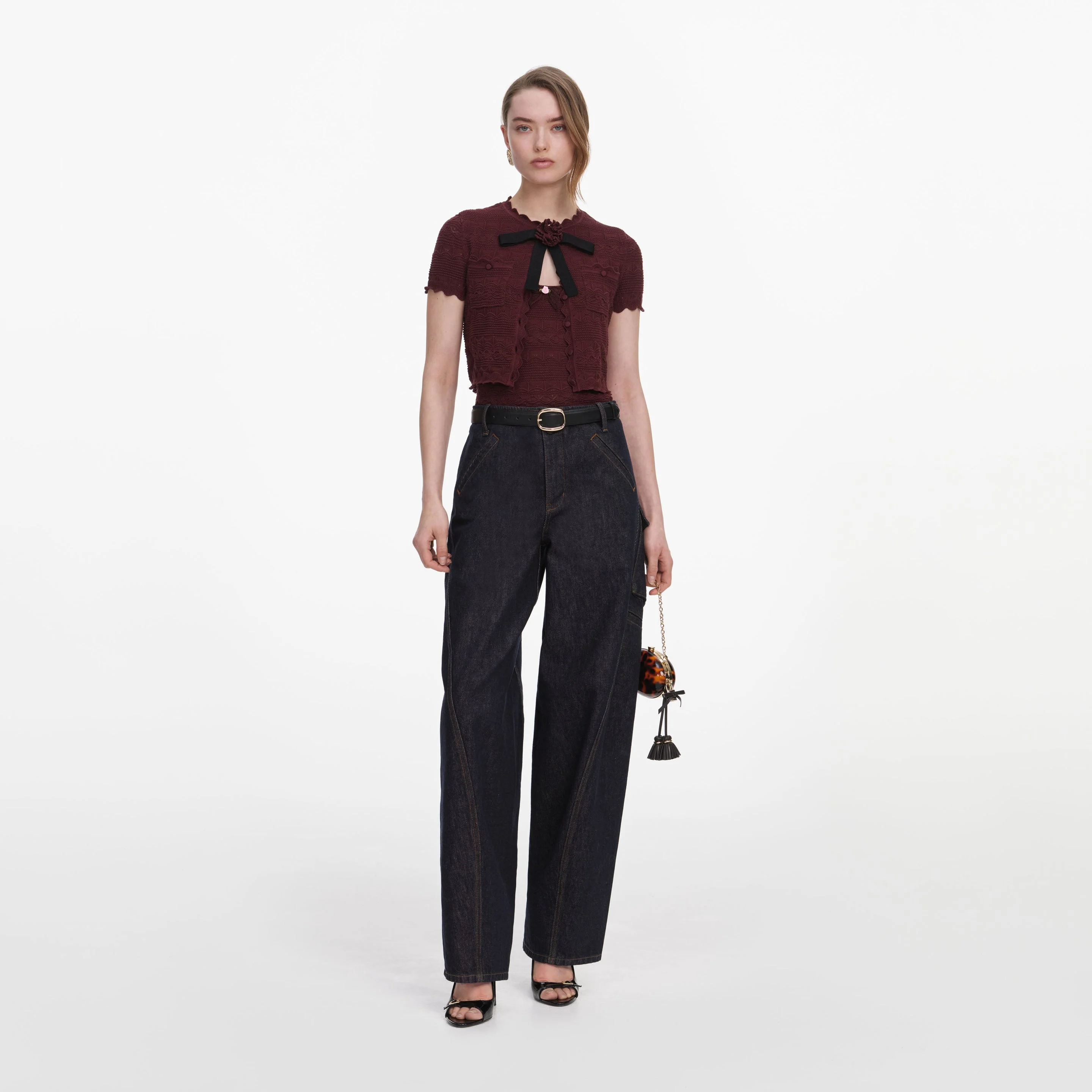 Brown Pointelle Knit Top - 1