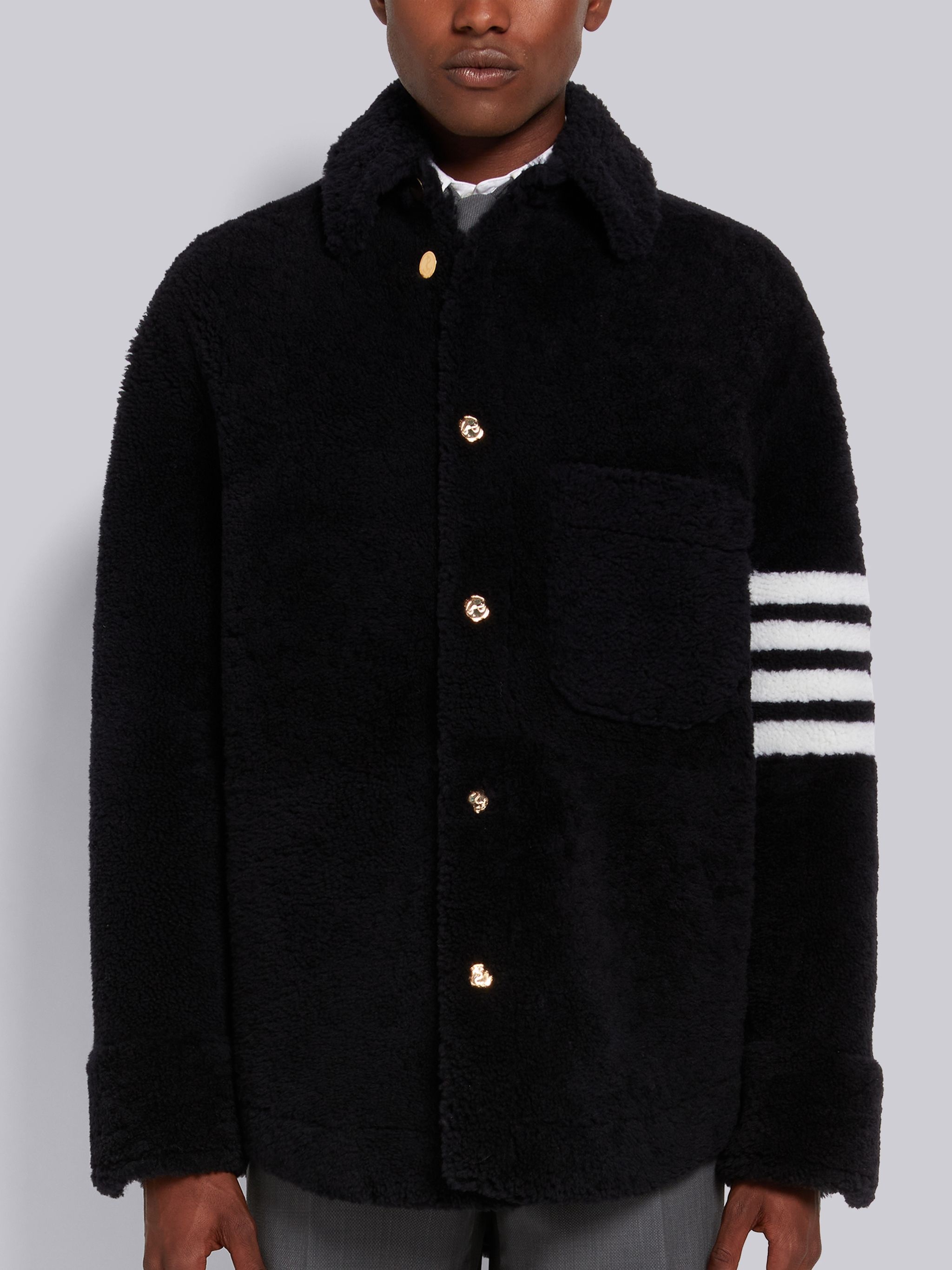 Navy Dyed Shearling 4-Bar Oversized Shirt Jacket - 1