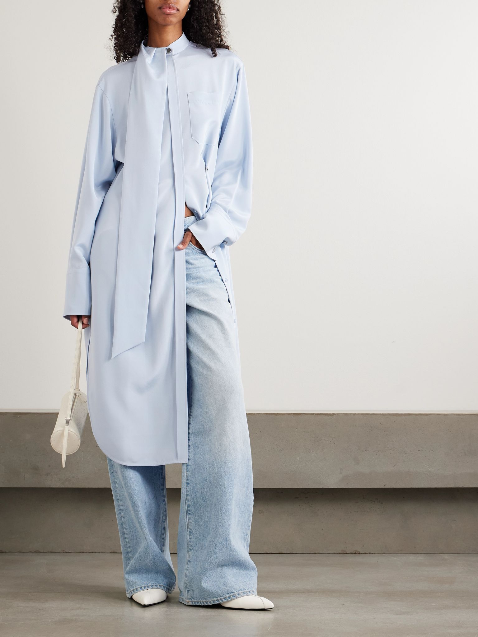 Esopo scarf-detailed silk-blend crepe de chine shirt dress Sky blue - 4