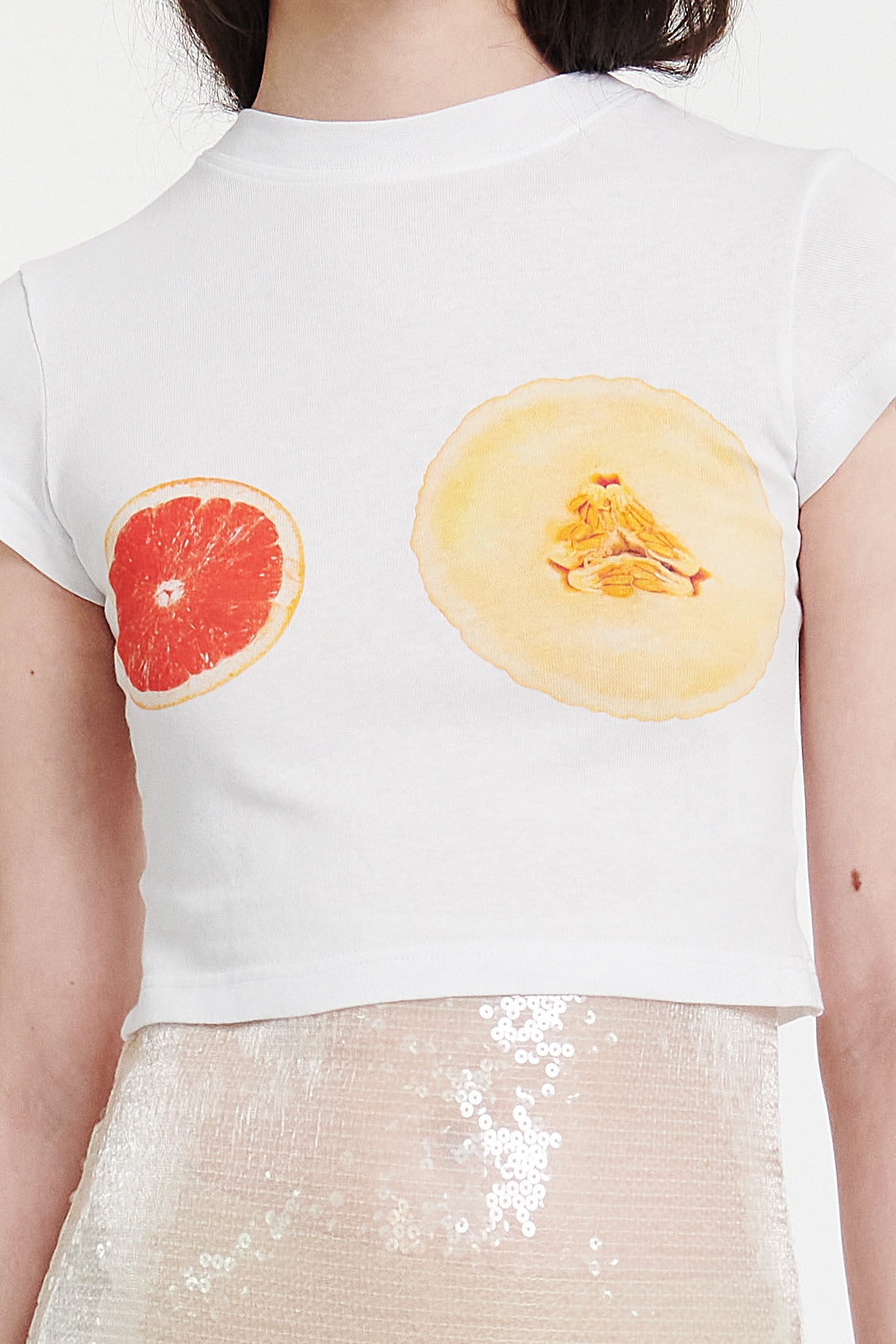 CROPPED FITTED T-SHIRT WHITE WITH FRUIT PRINT - 7