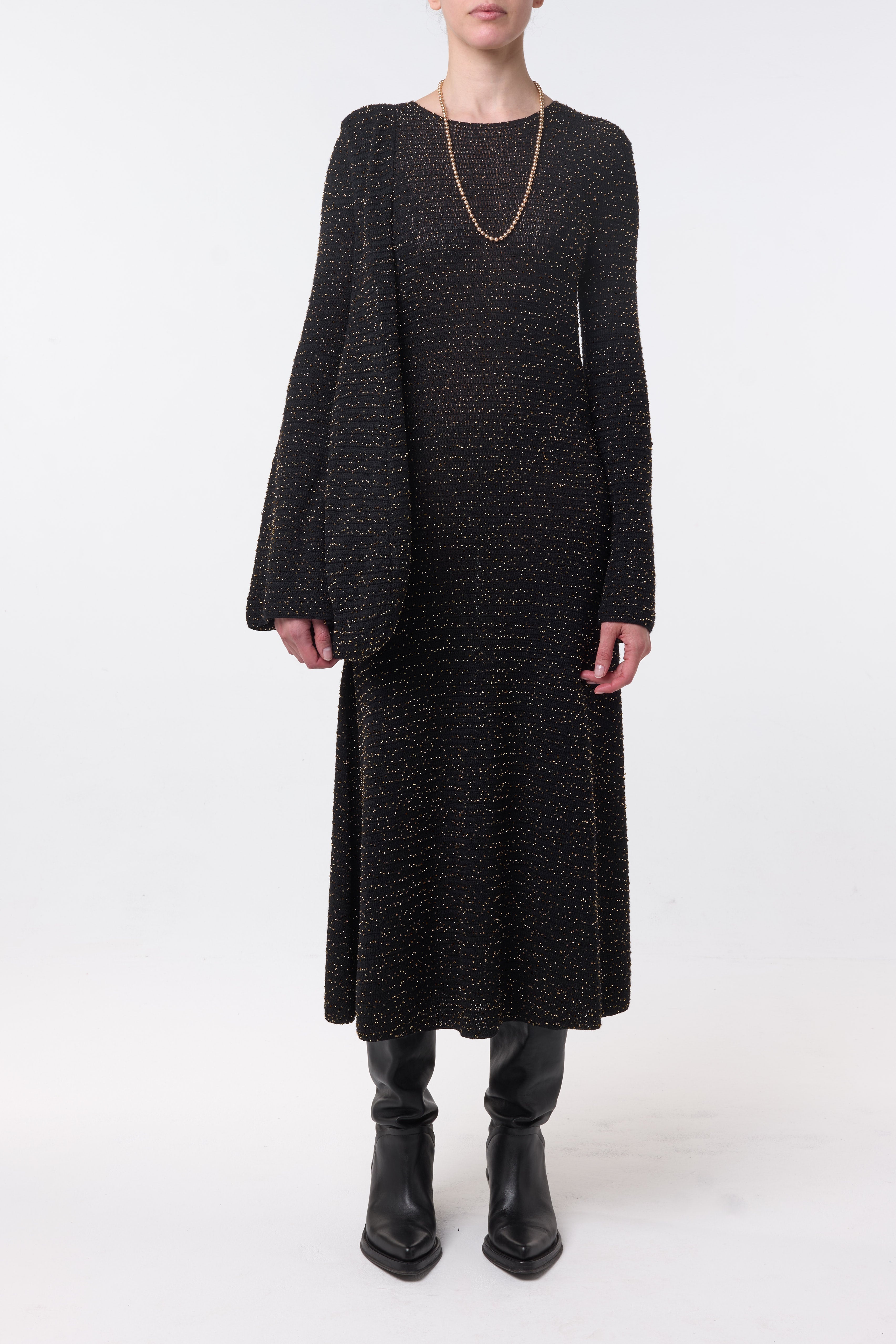 Opora Knit Midi Dress in Black & Gold Beaded Cashmere - 2