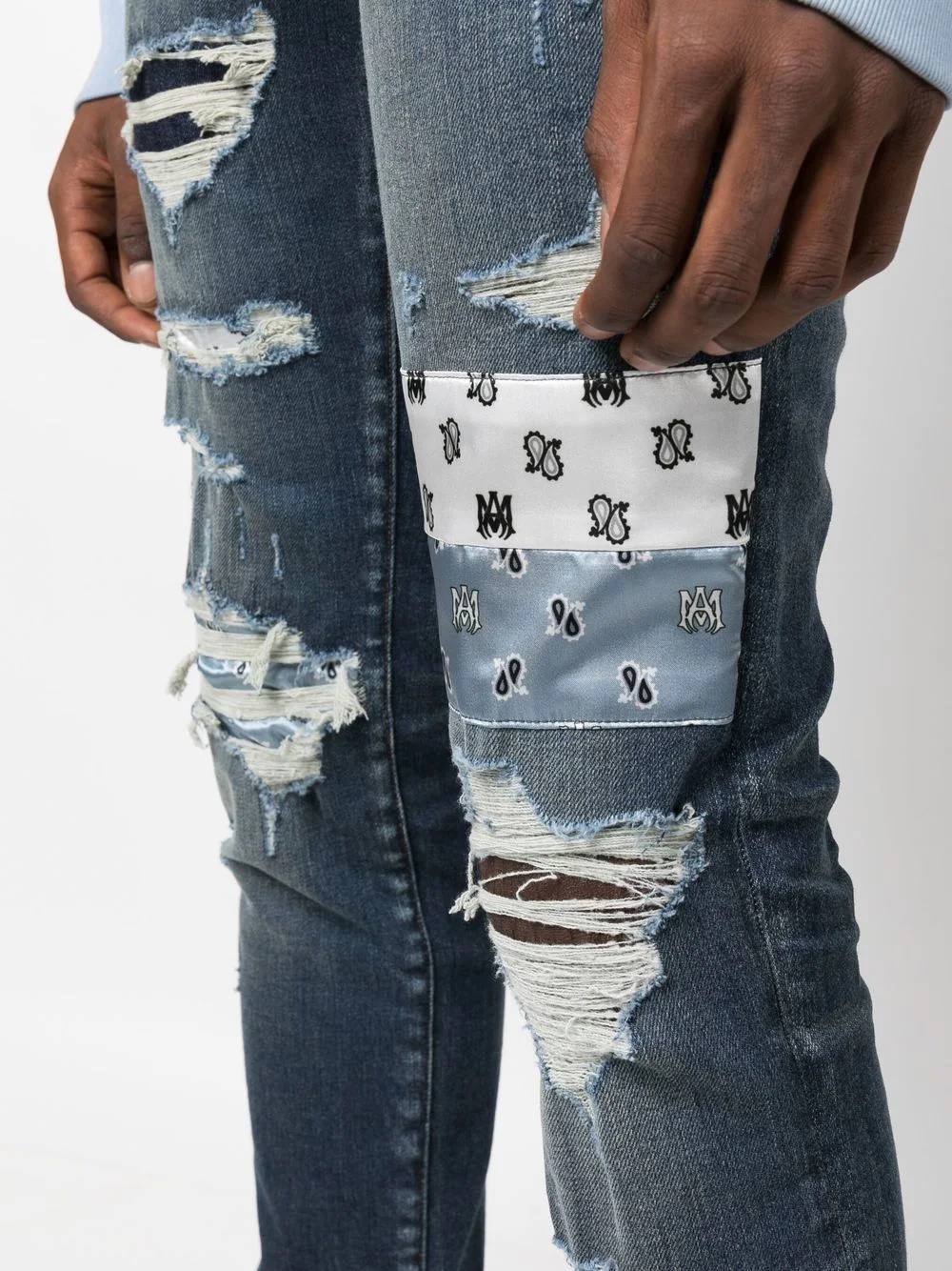 patchwork distressed slim jeans - 5