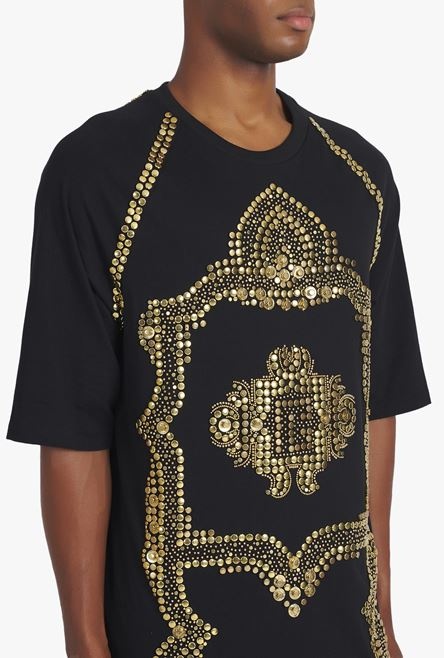 Oversized black cotton T-shirt with gold-tone studded embroidery - 6