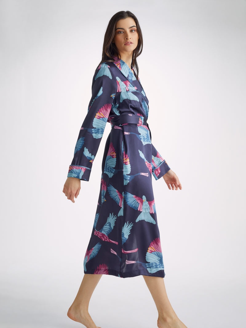 Women's Long Dressing Gown Brindisi 95 Silk Satin Navy - 5
