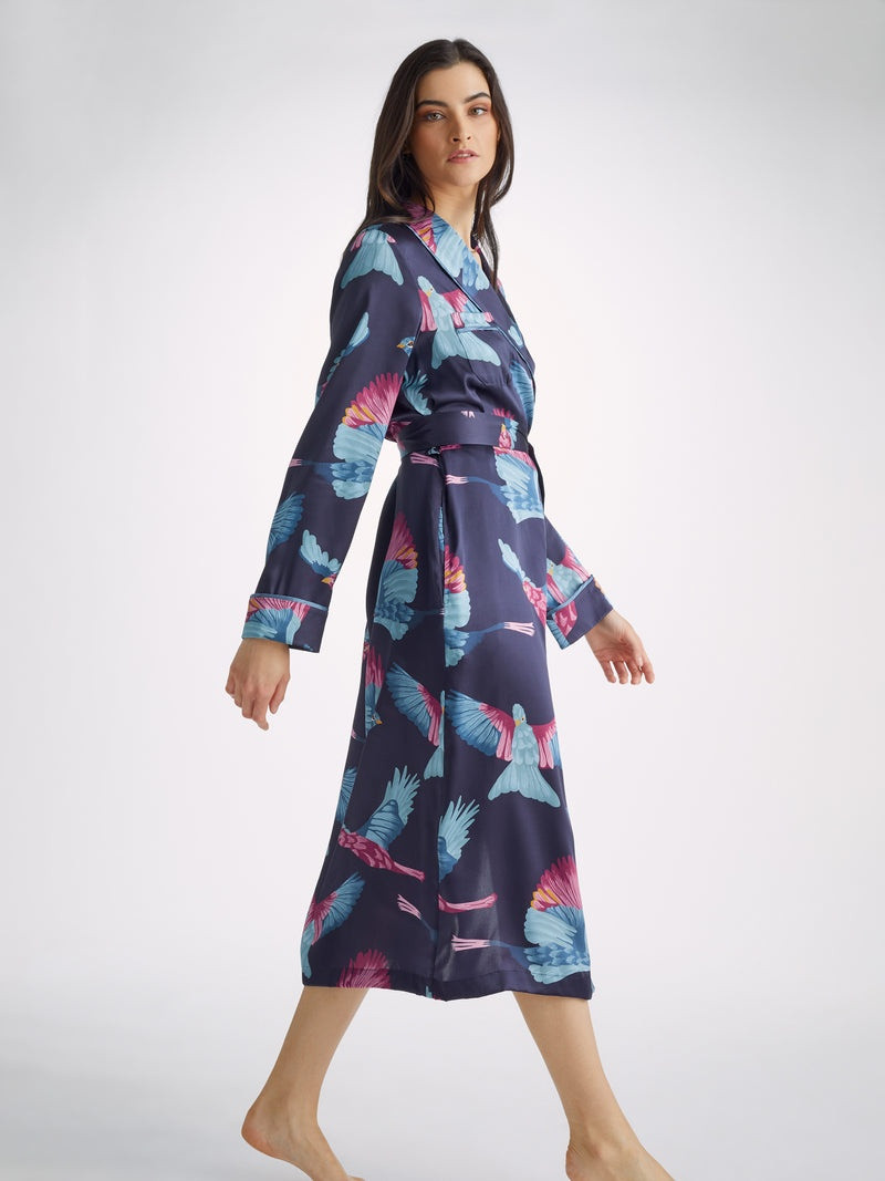Women's Long Dressing Gown Brindisi 95 Silk Satin Navy 5
