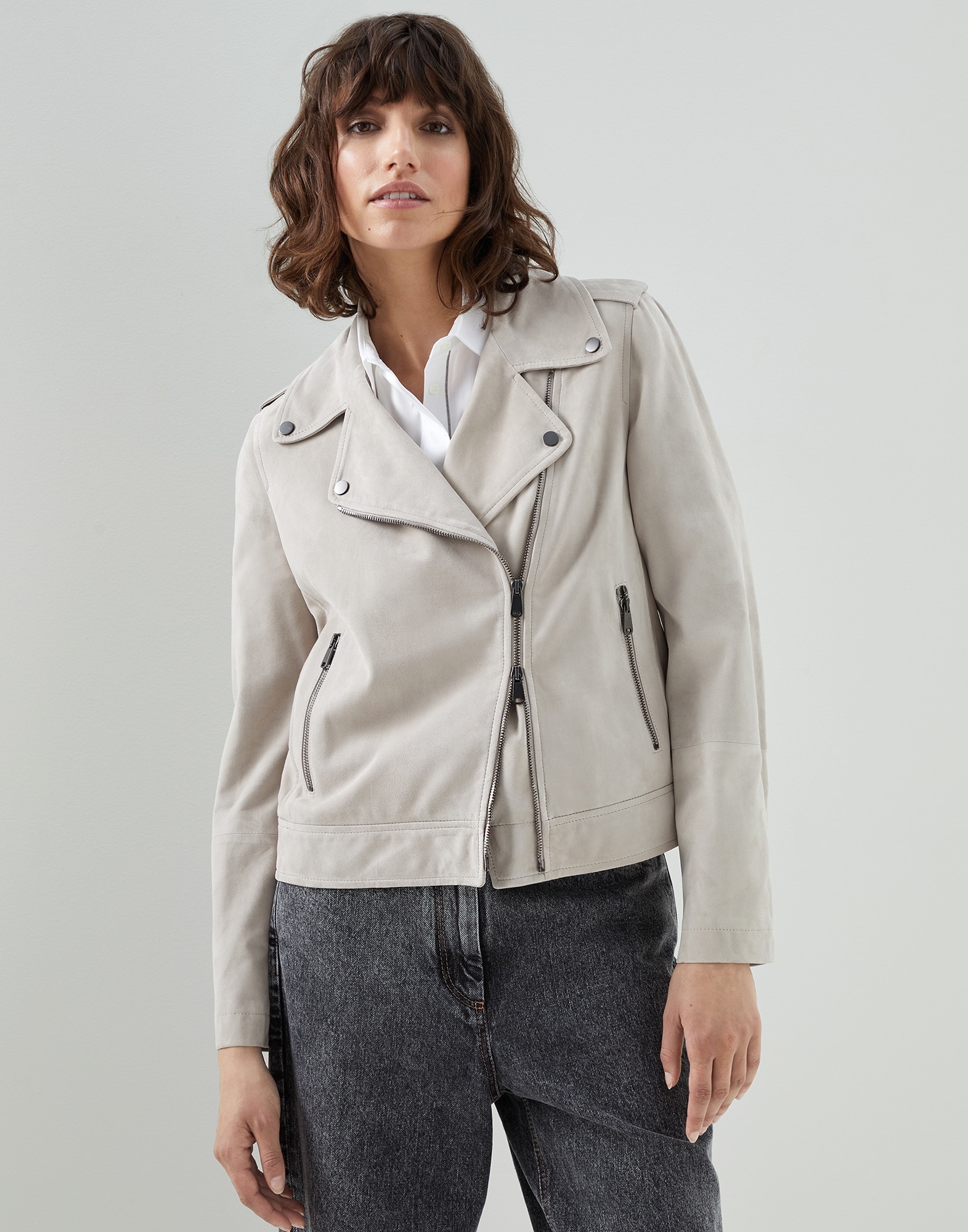 Suede biker jacket with monili - 1