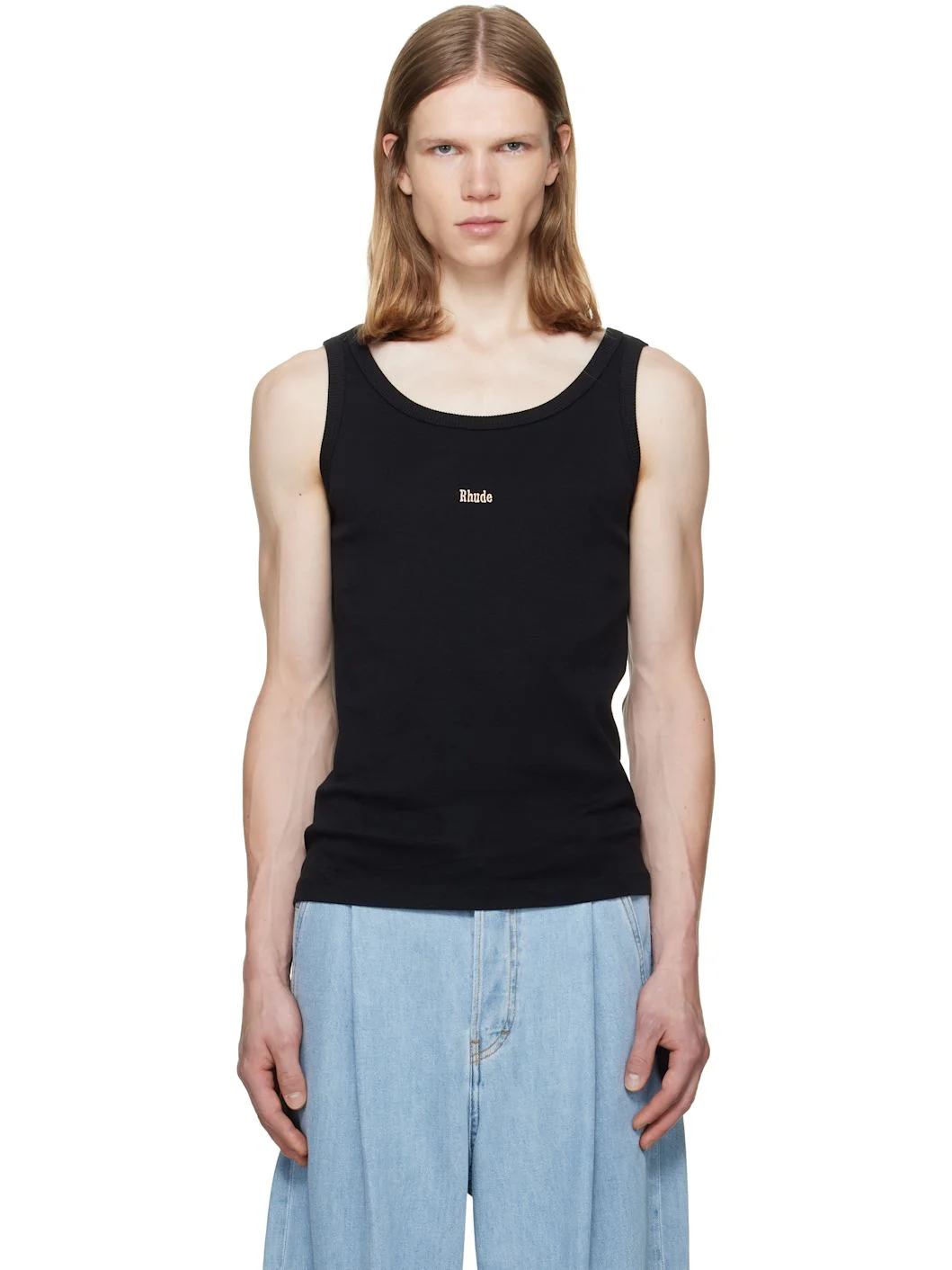 Black Logo Ribbed Tank Top - 1