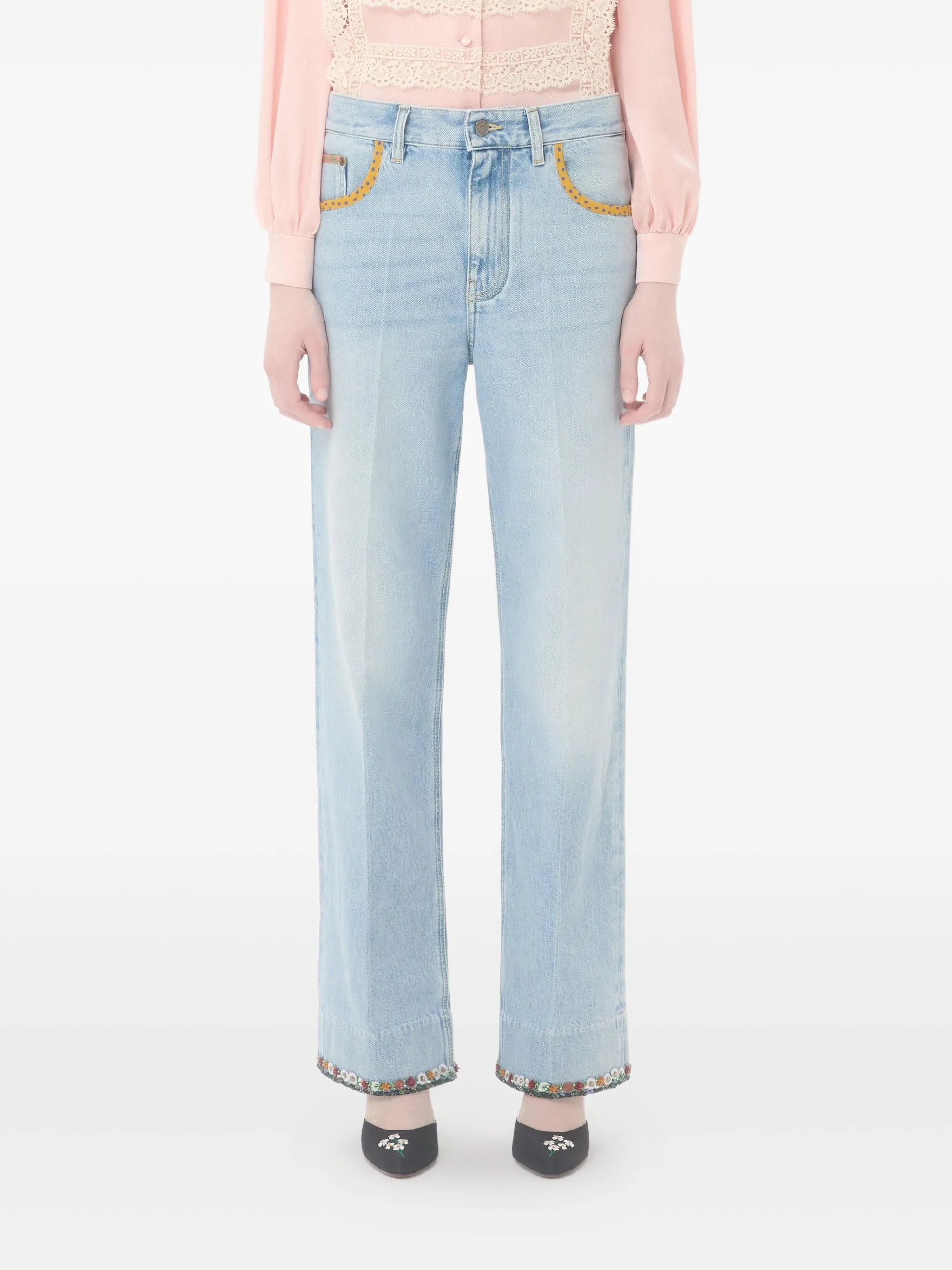 floral-hem faded jeans - 4