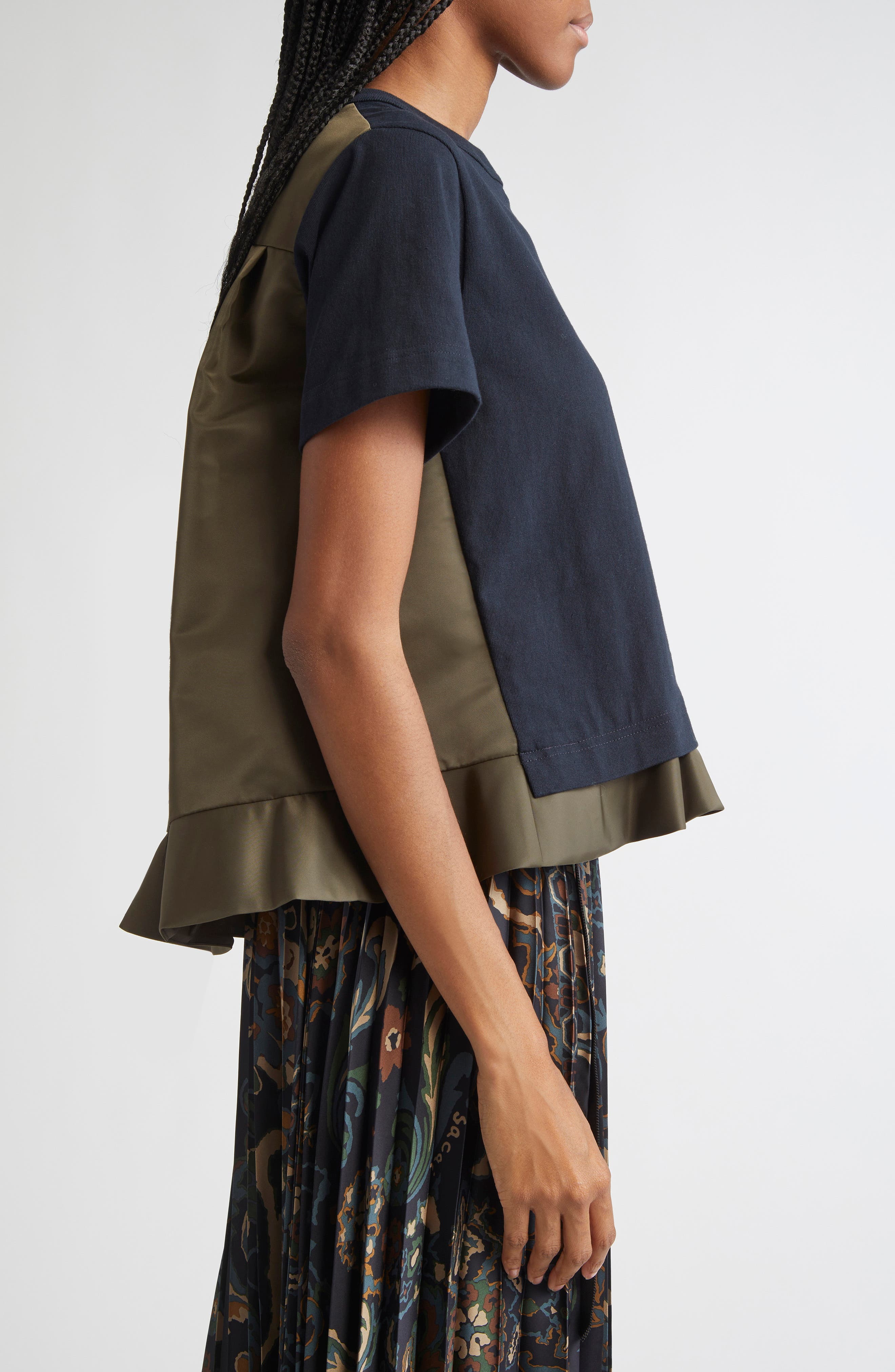 Sacai Mixed Media Nylon Twill & Cotton Jersey Pocket T-Shirt in Navy/Dark Khaki at Nordstrom - 4