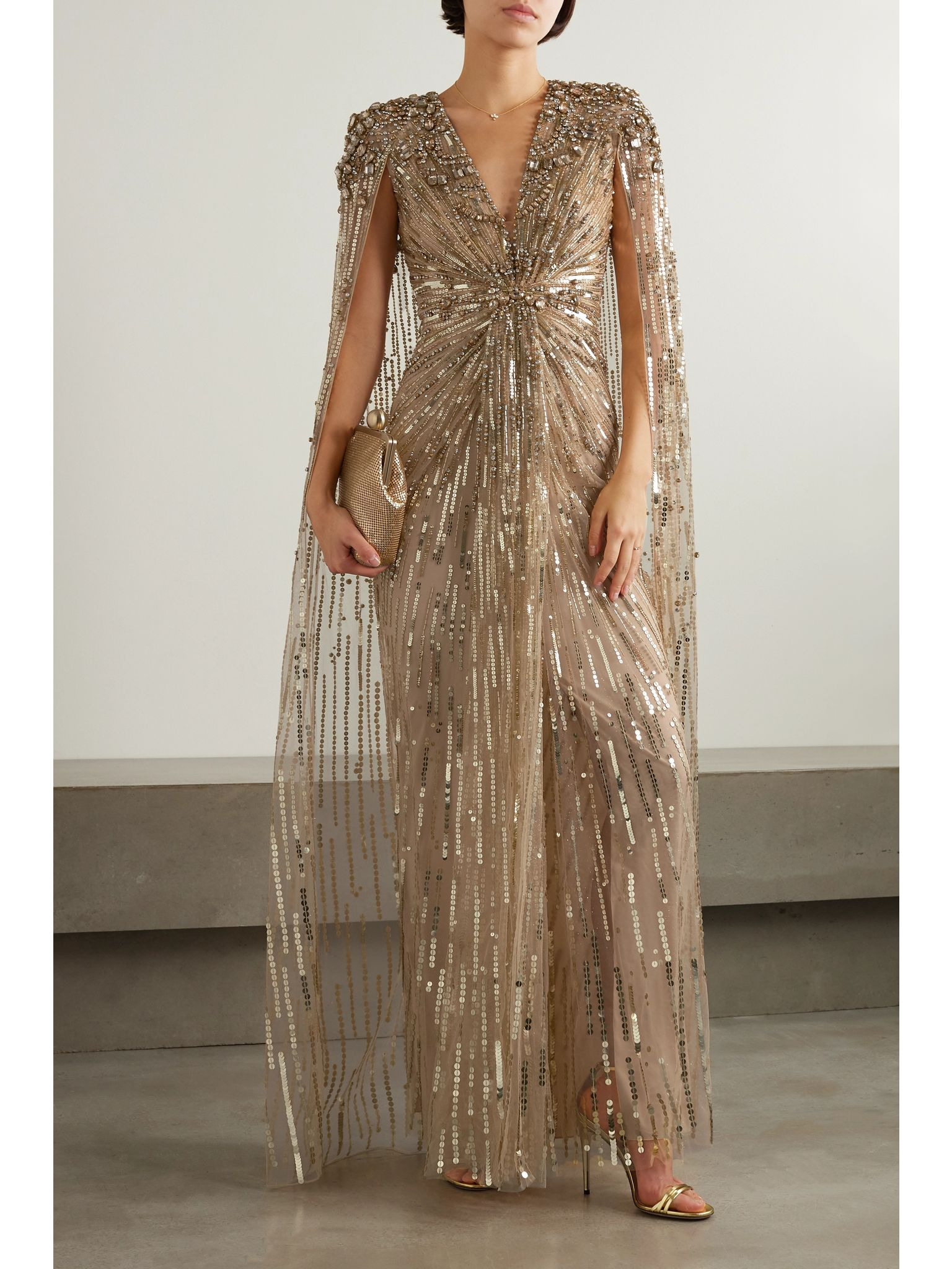 Lotus cape-effect embellished sequined tulle gown Gold - 2