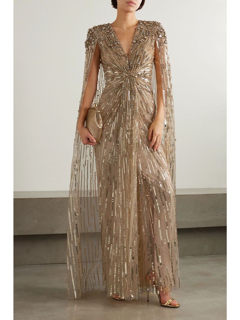 JENNY PACKHAM Lotus cape-effect embellished sequined tulle gown Gold outlook