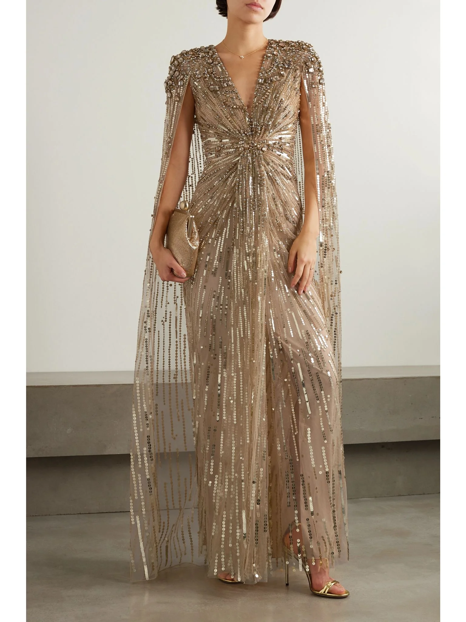 Jenny packham lotus cape-effect embellished sequined tulle gown gold