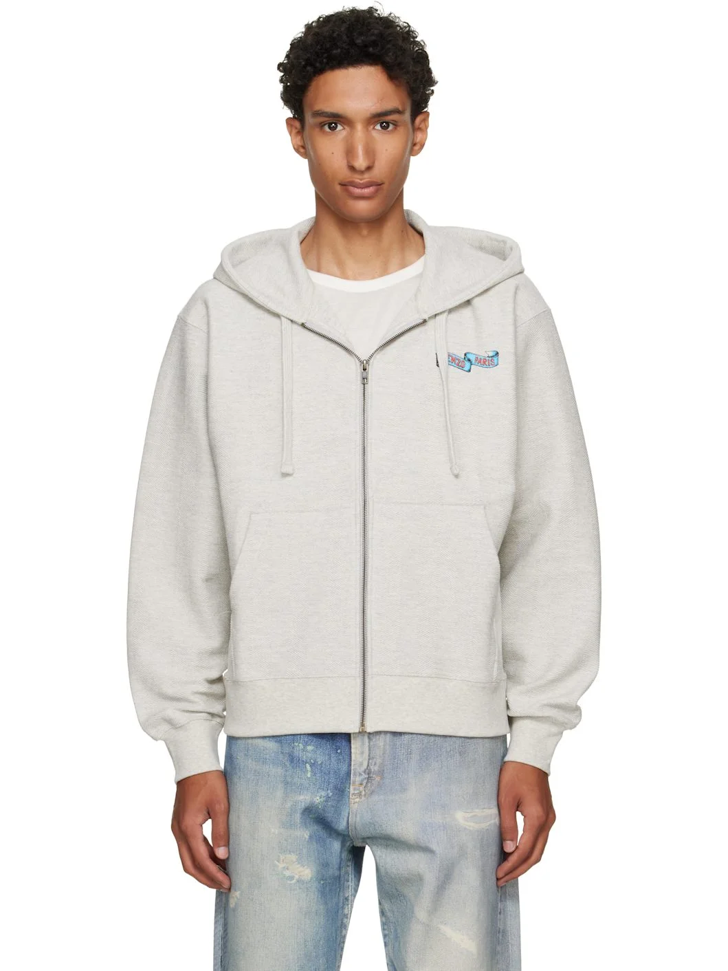 Gray Kenzo Paris 'KENZO Jumping Tiger' Zip Up Hoodie - 1