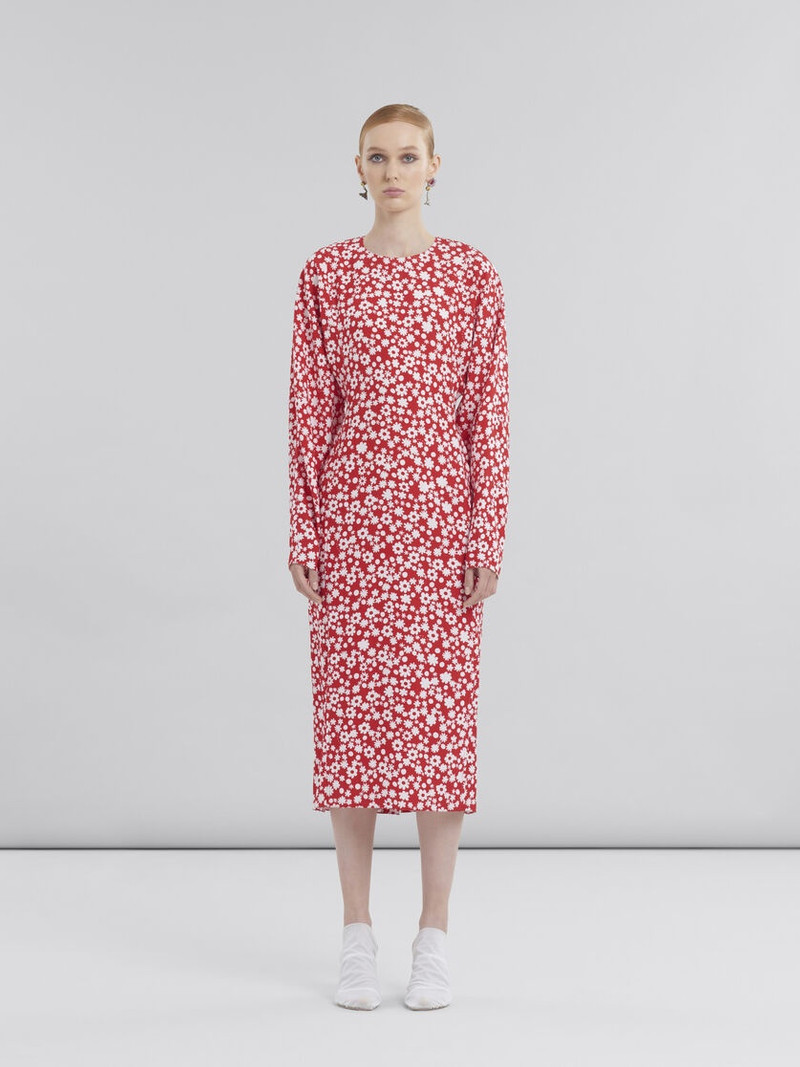 Marni SATIN MIDI DRESS WITH RED AND WHITE POP FIELDS MOTIF outlook