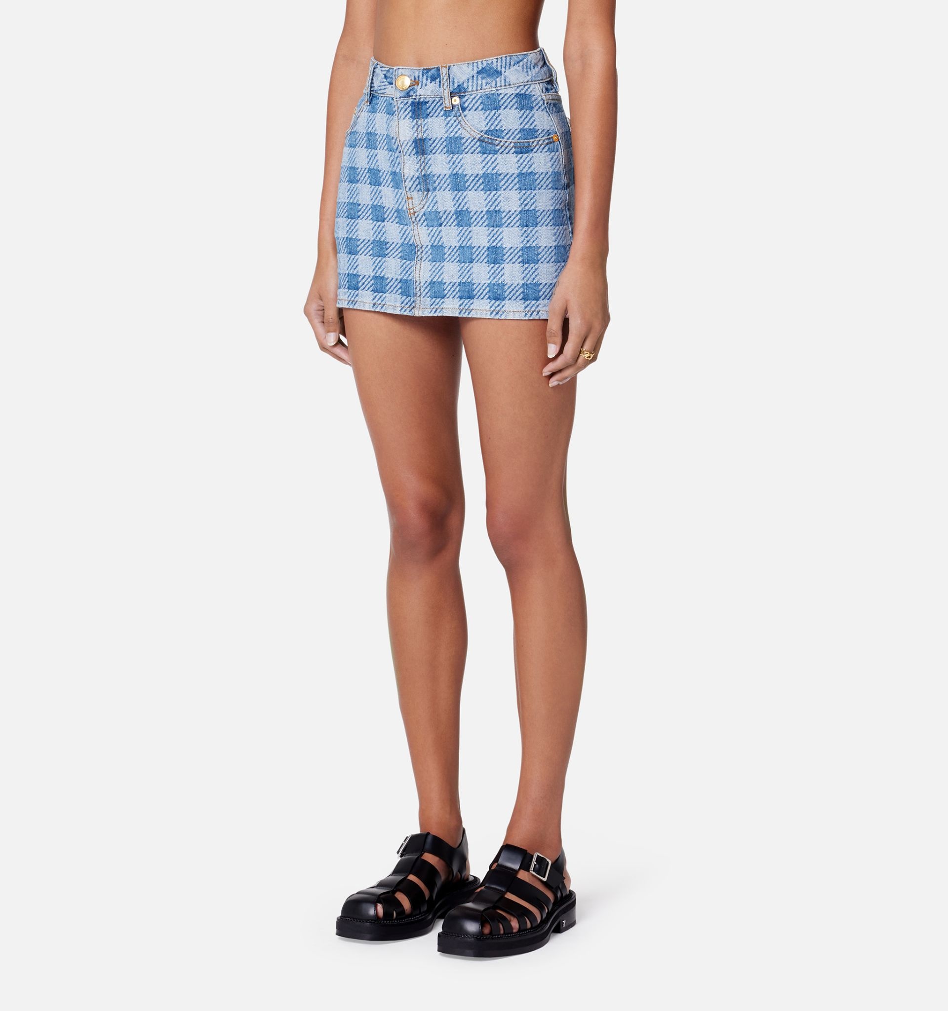 Gingham Pattern Jacquard Denim Mini Skirt - 3