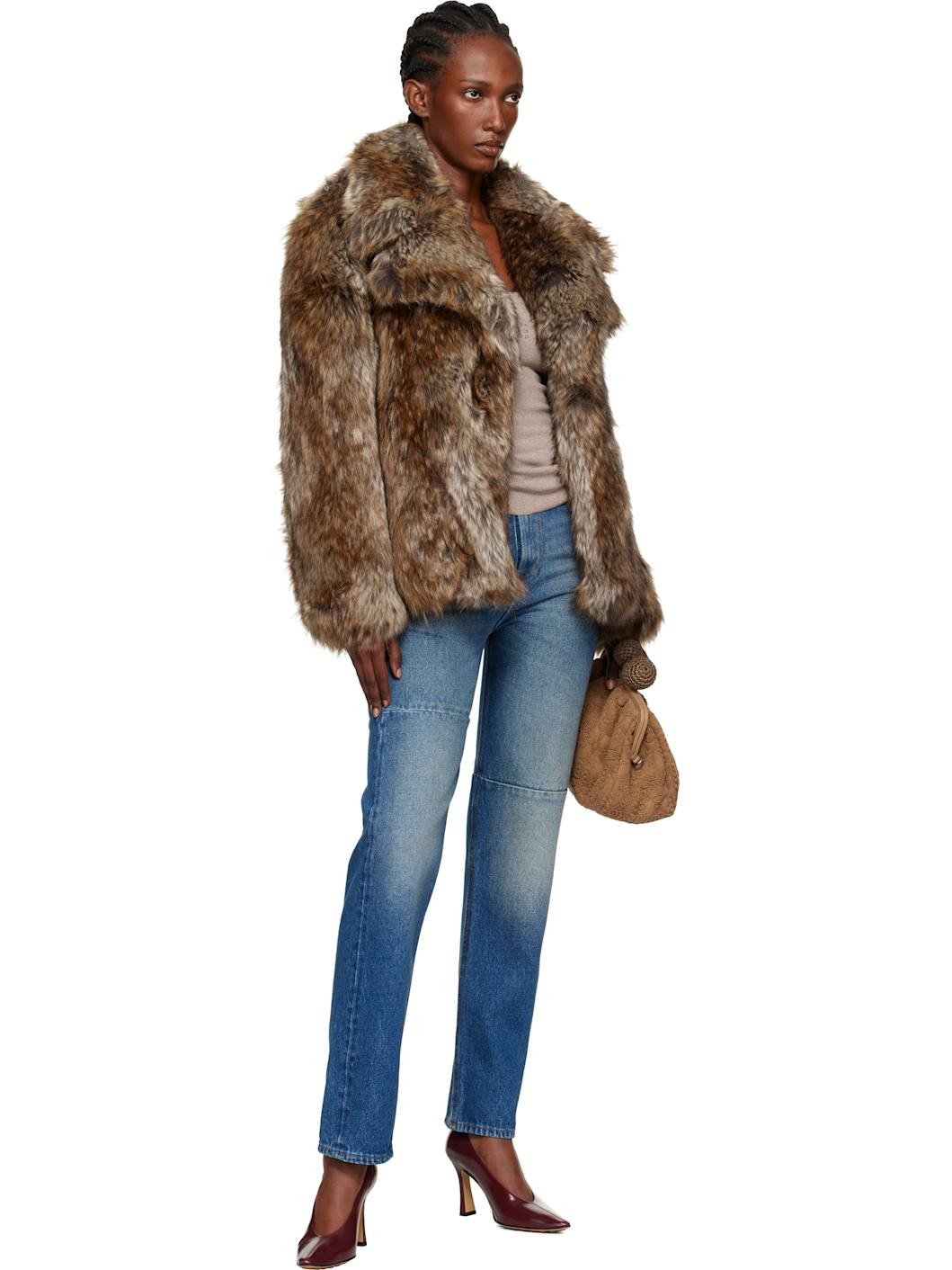 Brown & Beige Hook-Eye Faux-Fur Jacket - 4