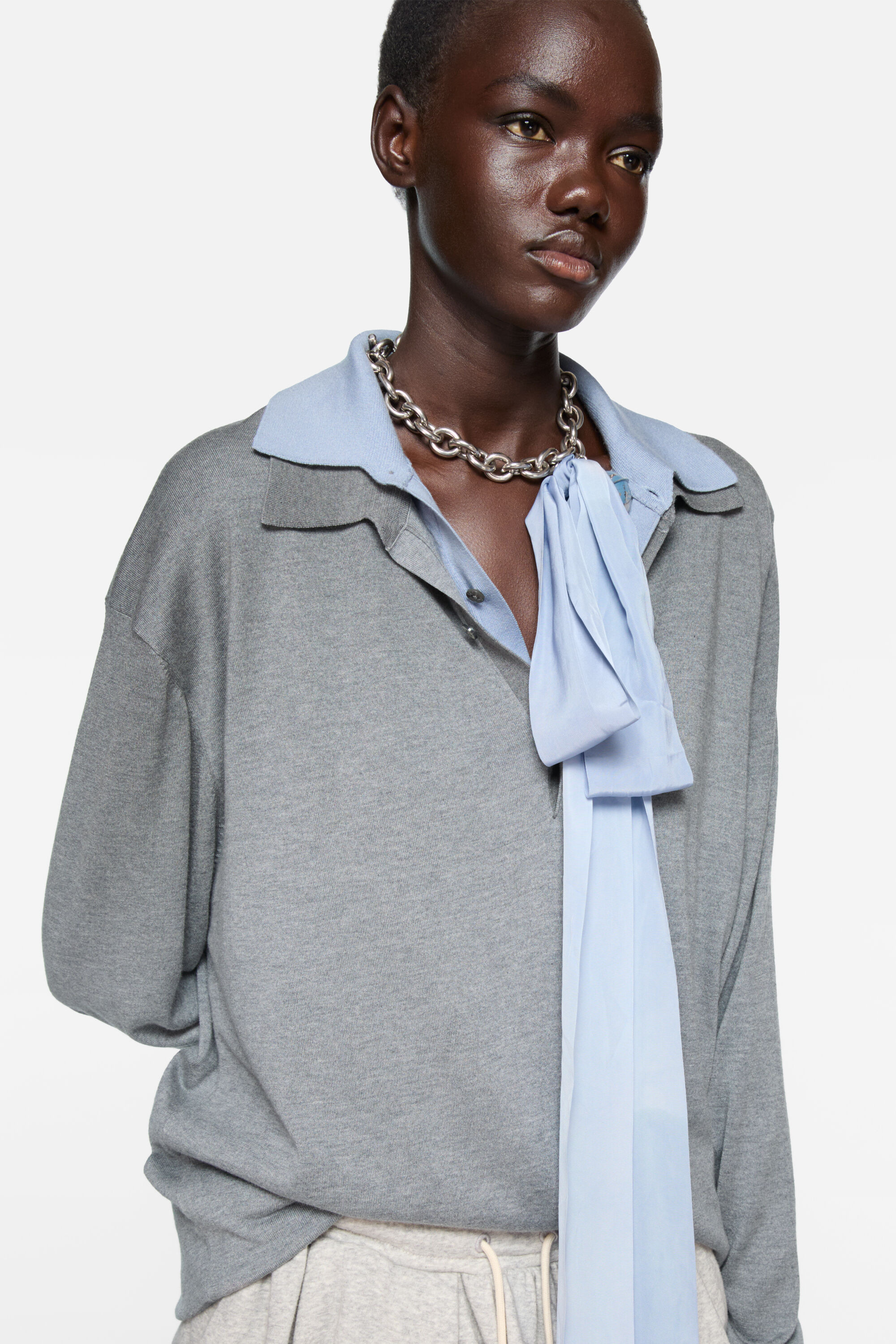 Layered silk jumper - Sky blue/light grey melange - 4