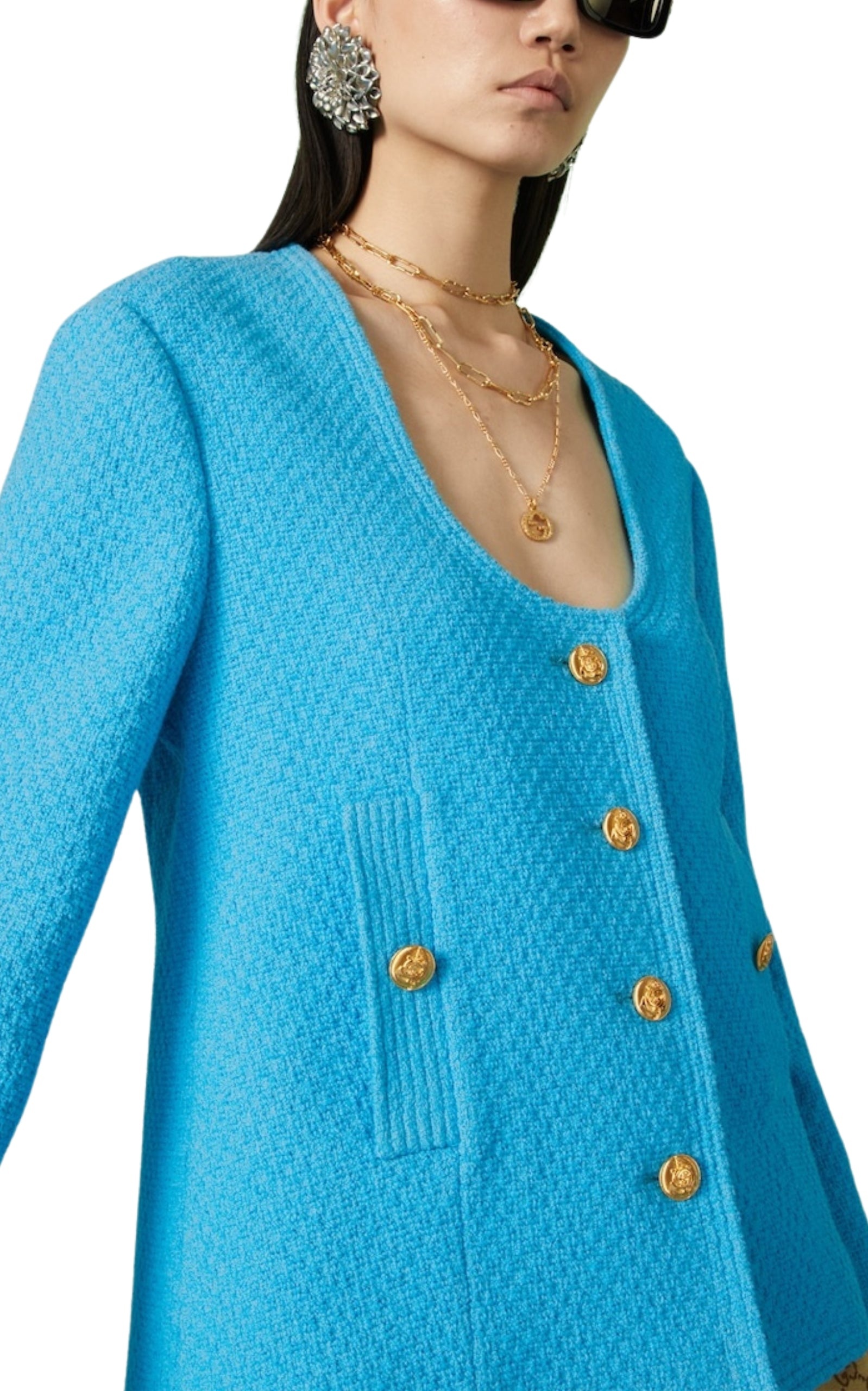 Blue Turquoise Cotton Tweed Jacket - 5