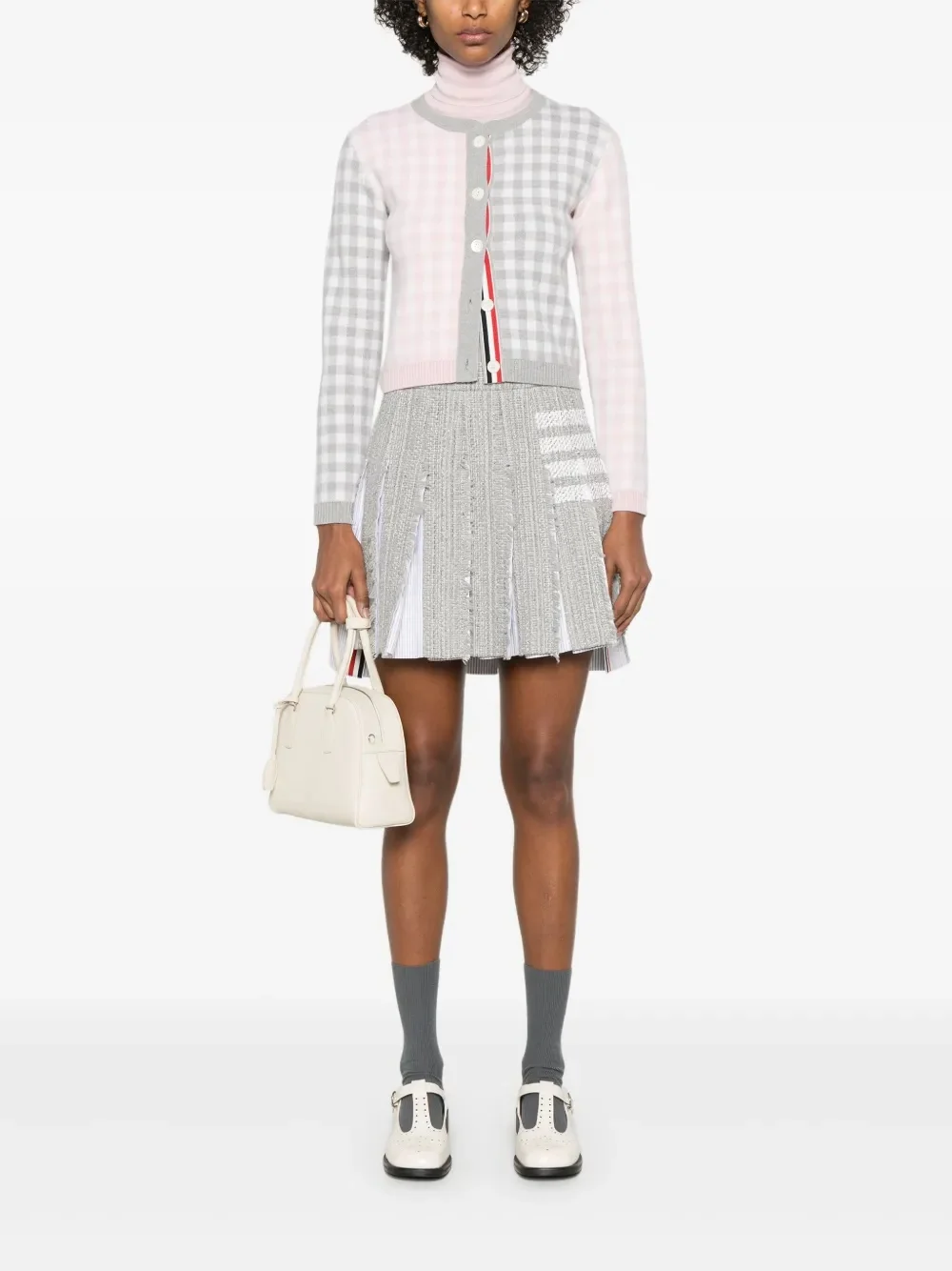 THOM BROWNE - Women Fun Mix Gingham Check Birdseye Back Jacquard Cropped Crew Neck Knitwear - 1