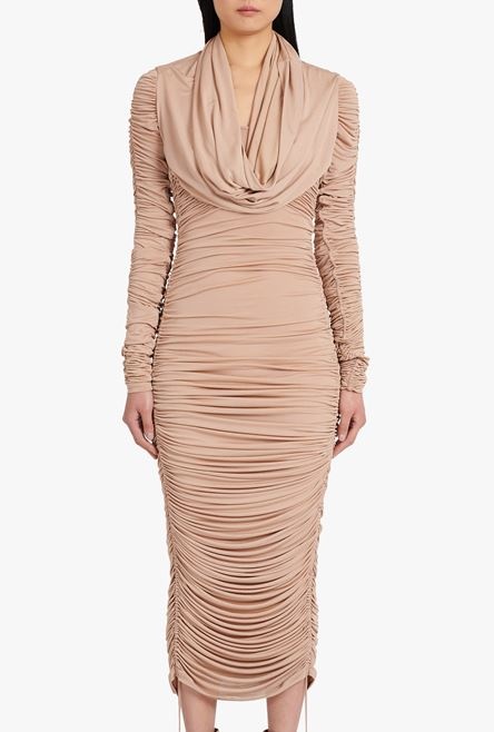 Mid-length beige jersey hooded dress - 5