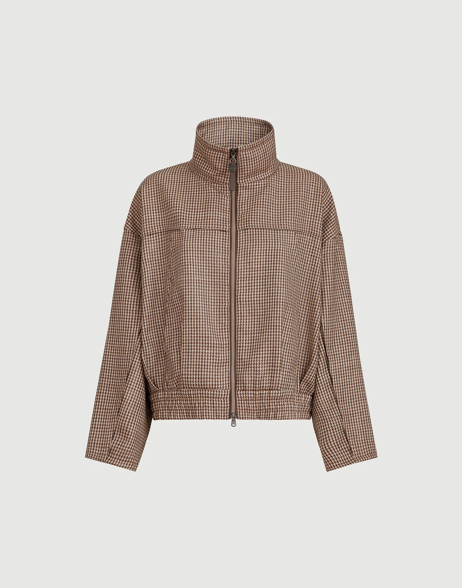 Sparkling virgin wool houndstooth outerwear jacket with leather piping and shiny zipper pull - 1
