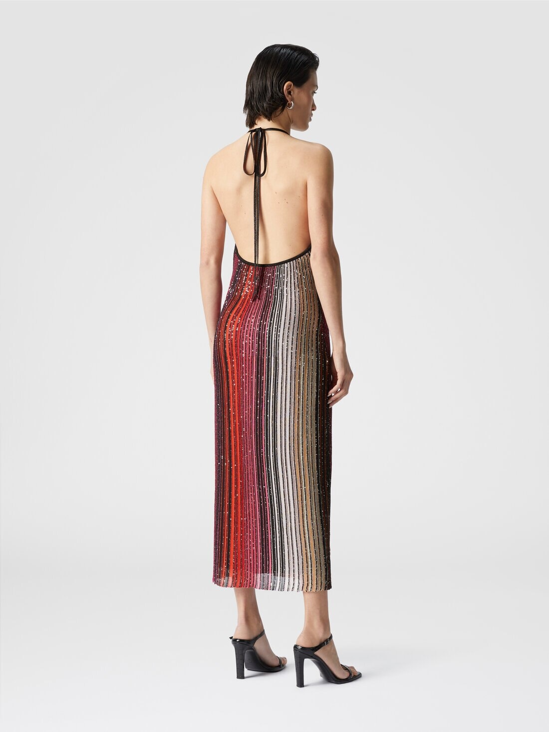 Striped partialized midi dress with sequins and V-neck - 3