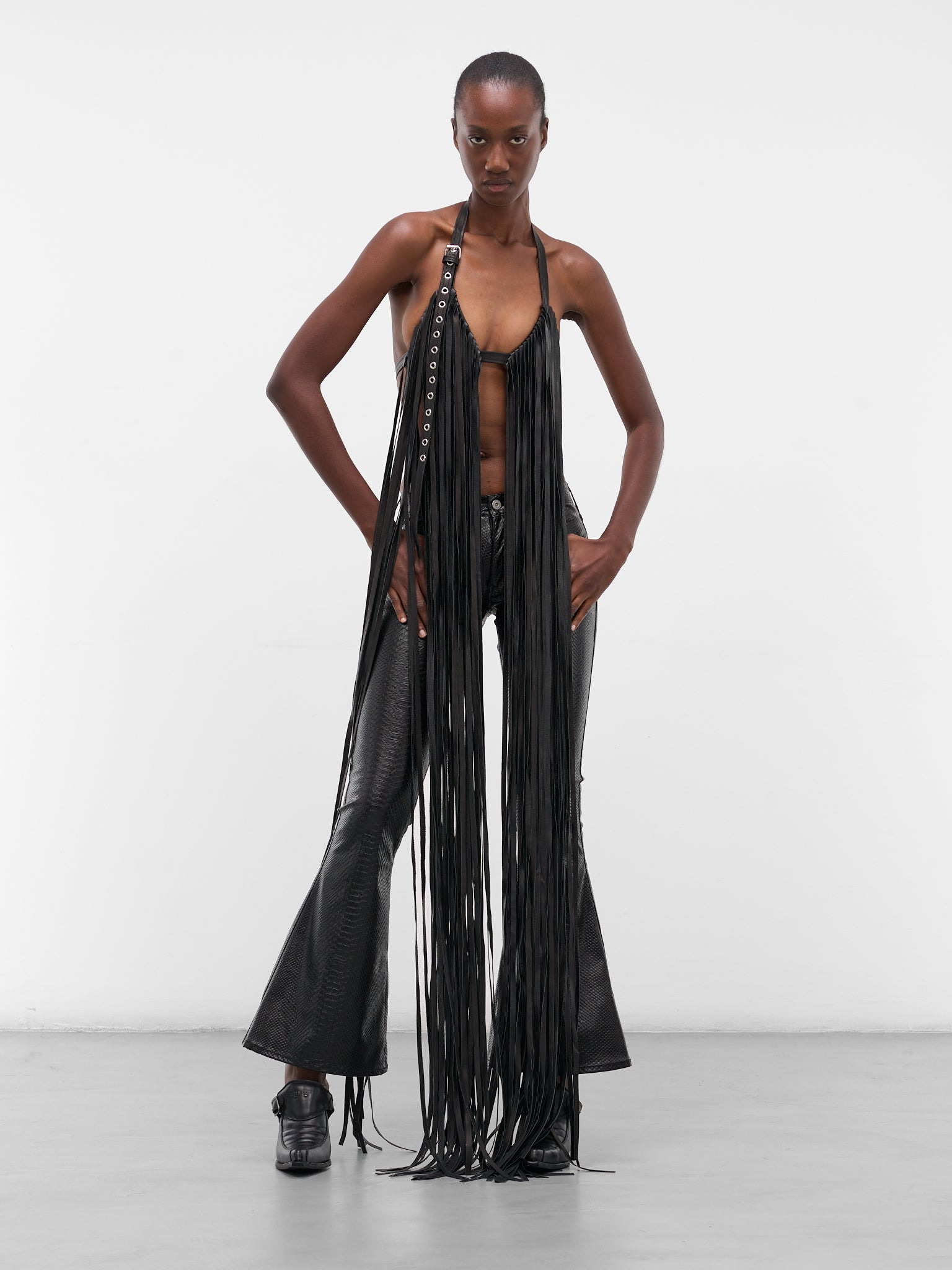 Vaquera Black Leather Fringe Top - 6