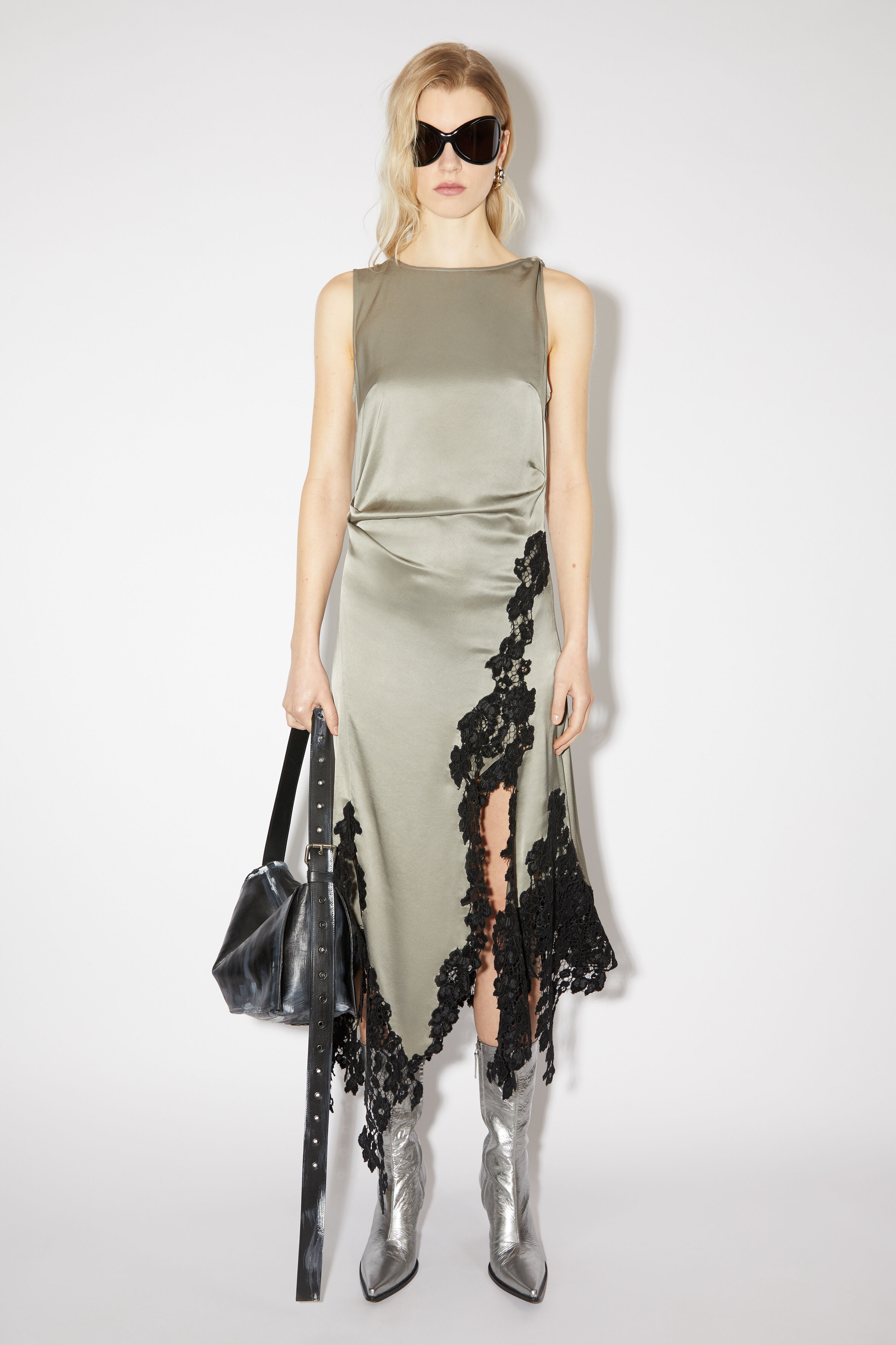 Satin lace dress - Light grey - 2