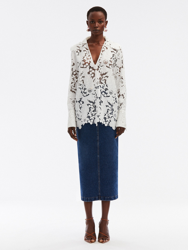 Oscar de la Renta MIXED BOTANICAL GUIPURE LACE BLOUSE outlook