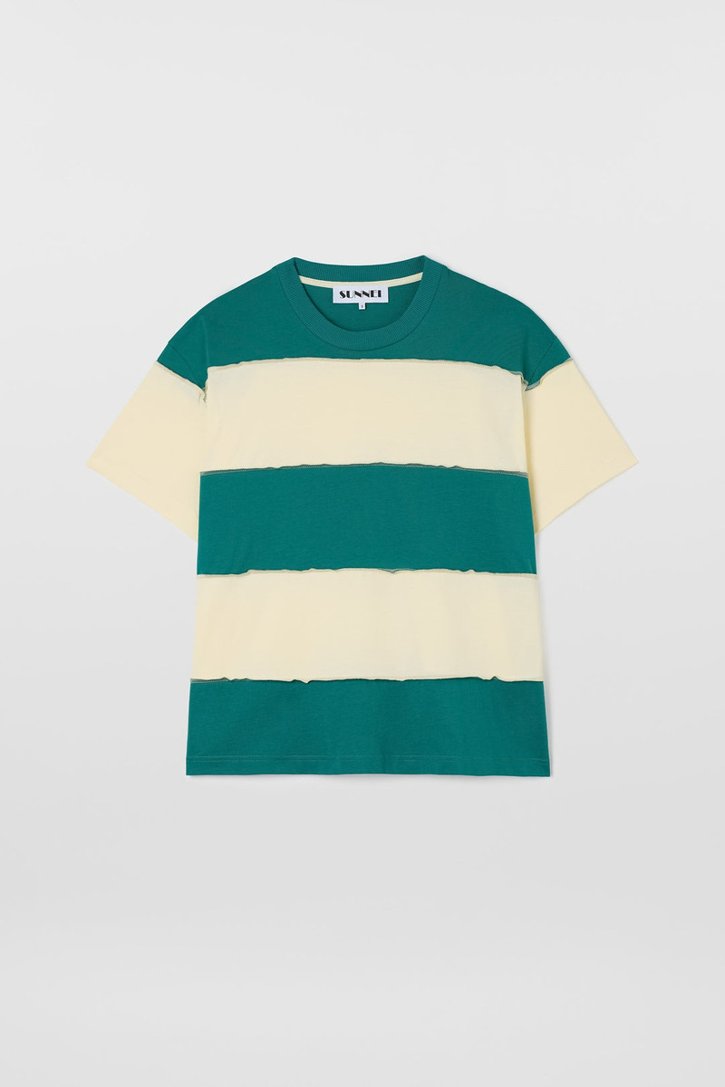 STRIPED T-SHIRT W/ CUTS / off white & green 1
