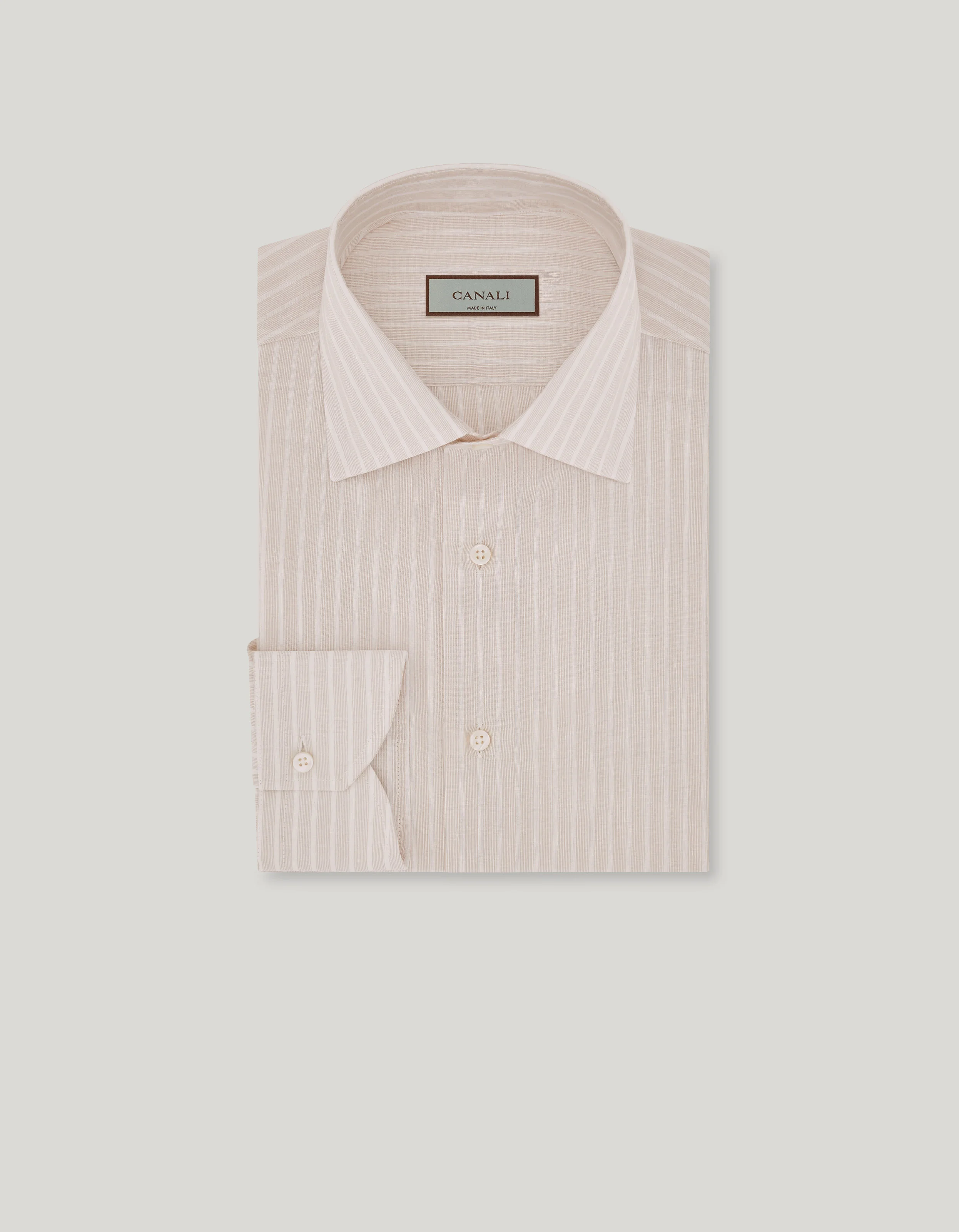 BEIGE AND WHITE STRIPED COTTON AND LINEN REGULAR-FIT SHIRT - 1