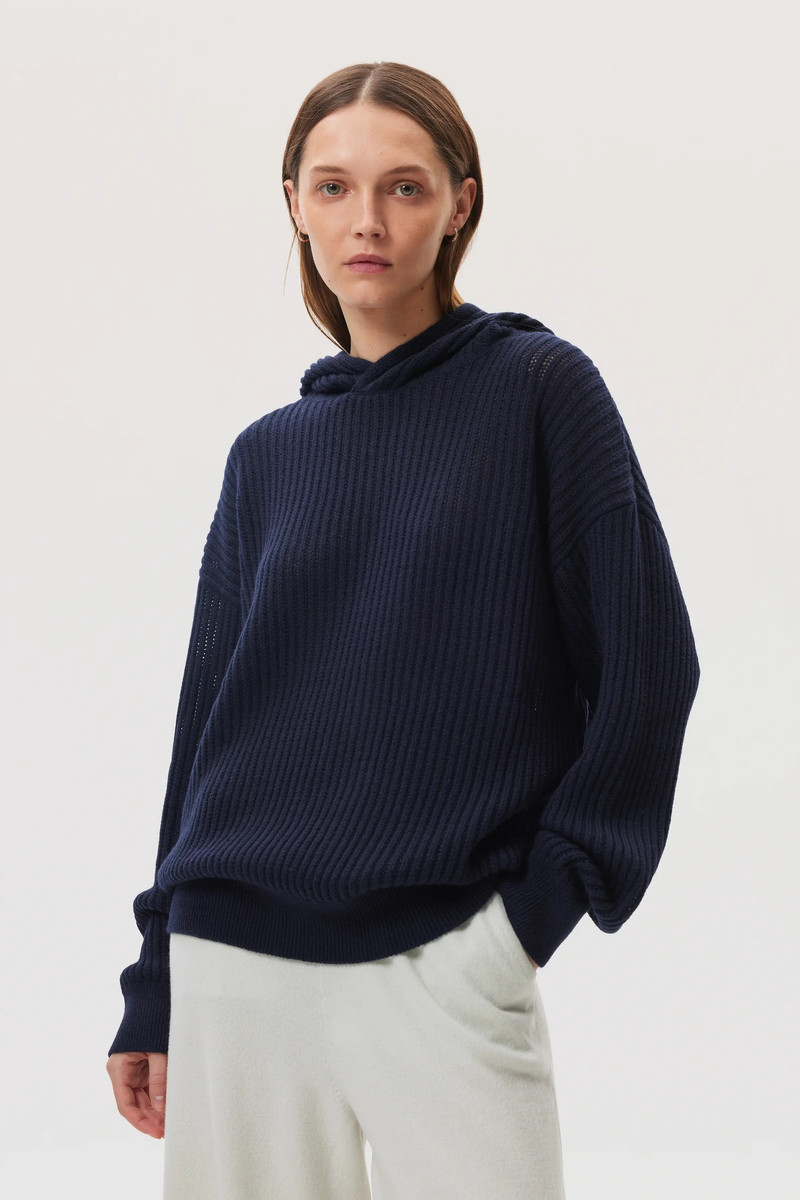 Johnstons of Elgin Mesh Rib Cashmere Navy Hoodie outlook