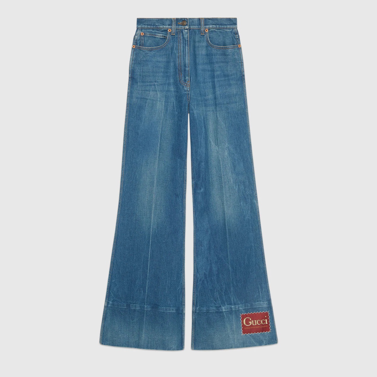 Washed denim flare pant with Gucci label - 1