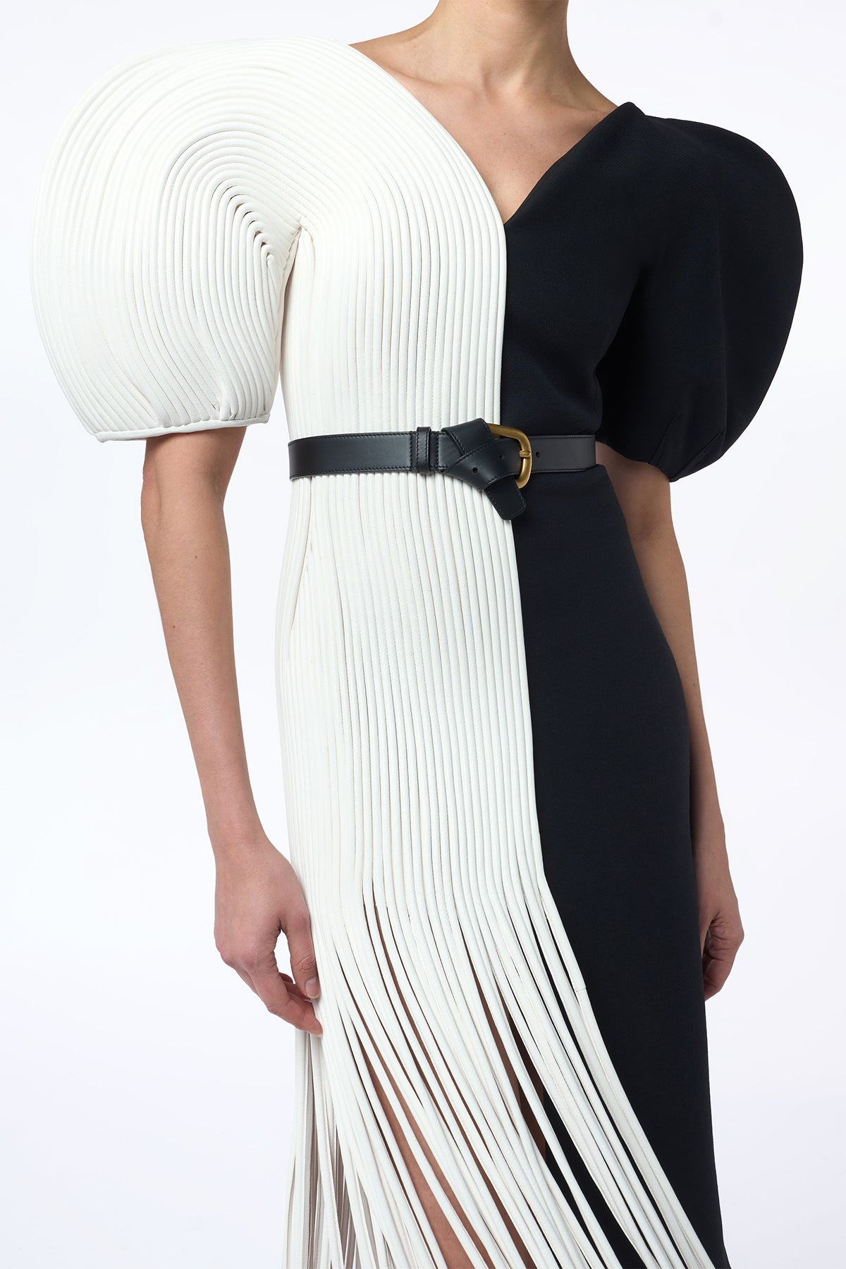 Lysander Fringe Midi Dress in Ivory Nappa Leather & Black Wool Silk Cady - 8