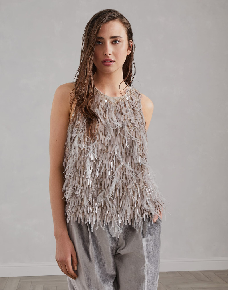 Dazzling cascade embroidery top in crispy silk with feathers - 1