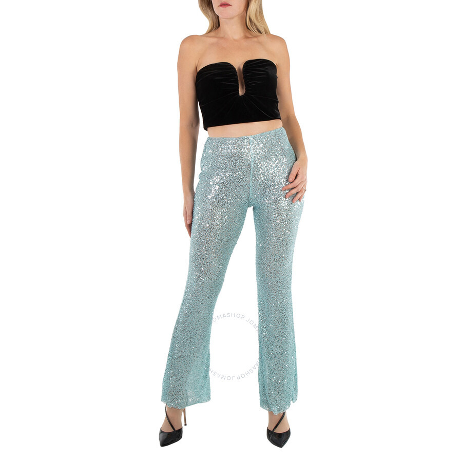 Self Portrait Ladies Blue Beaded Fishnet Flared Pants - 2