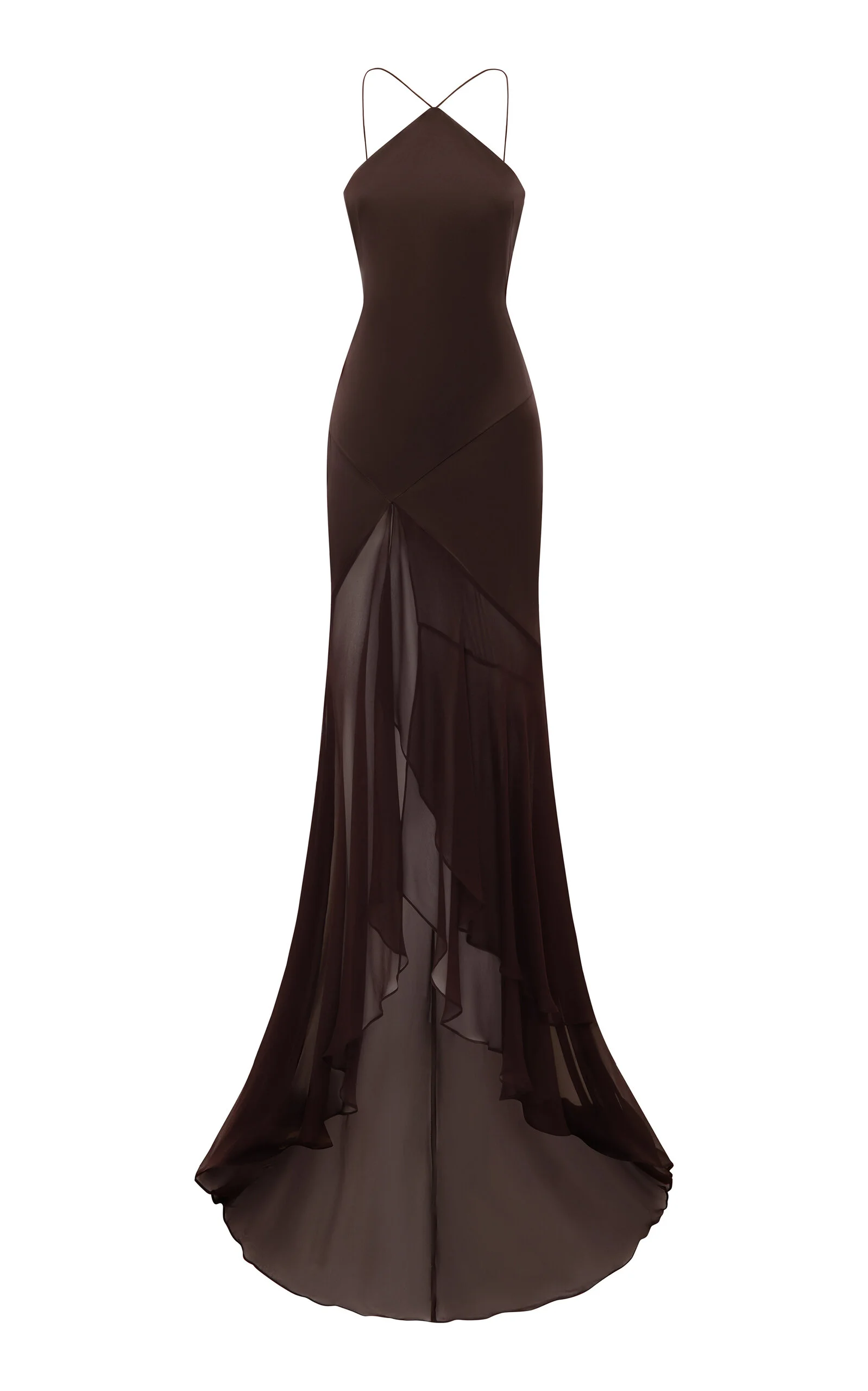 Halter Gown W/ Tiered Skirt In Silk Satin & Silk Georgette brown - 1