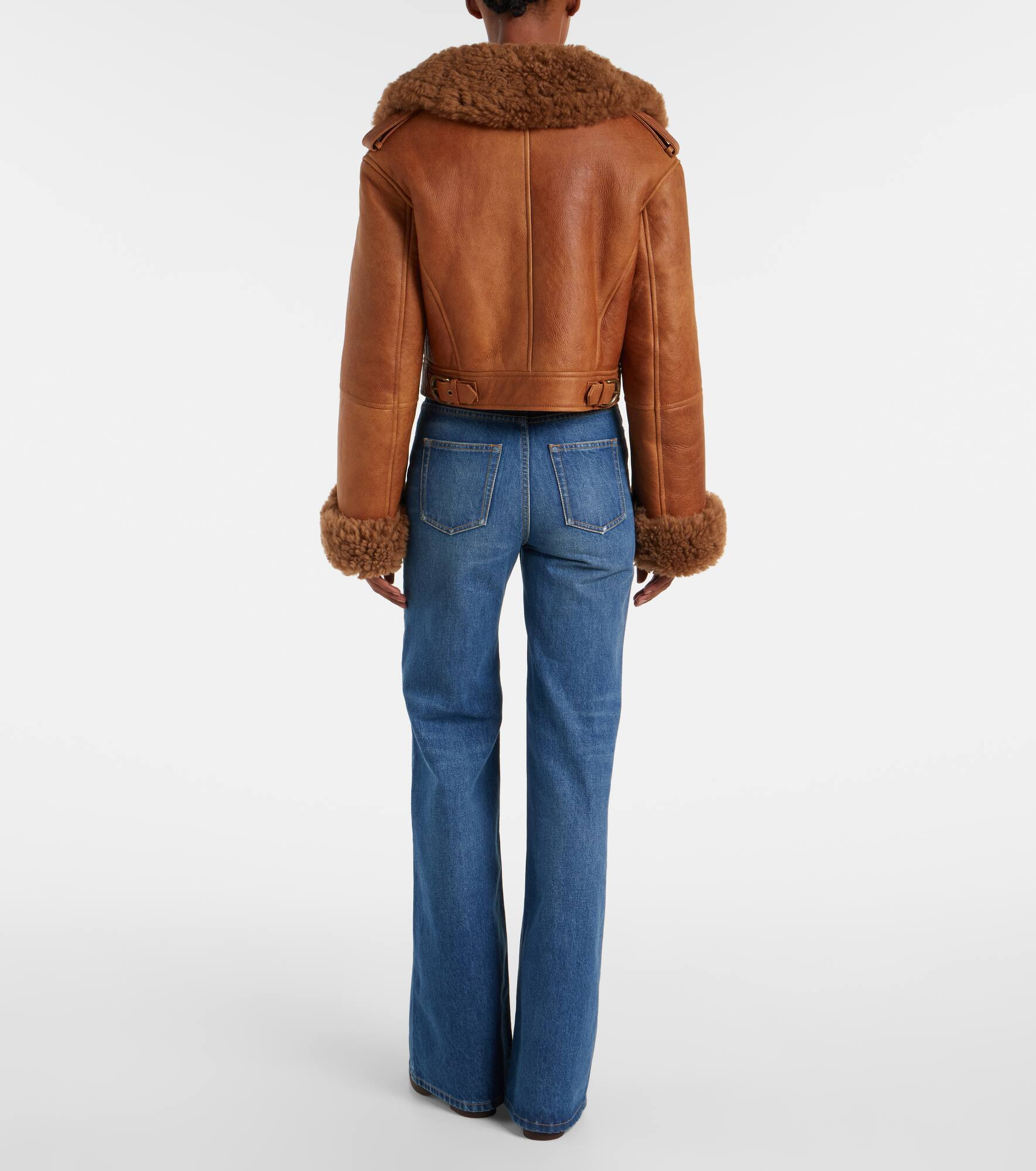 Cropped shearling-trimmed leather jacket - 3
