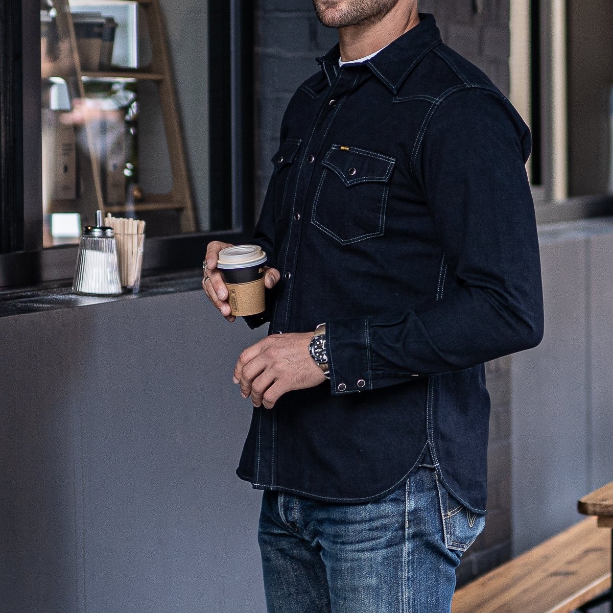 IHSH-321-OD 10oz Selvedge Denim Western Shirt - Indigo Overdyed Black - 5