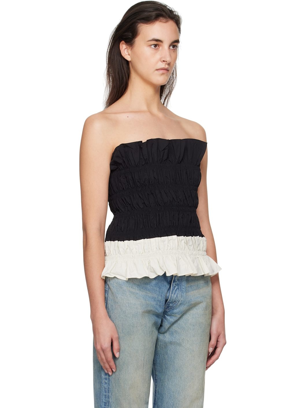 Black & Off-White Shirring Mono Tube Top - 2