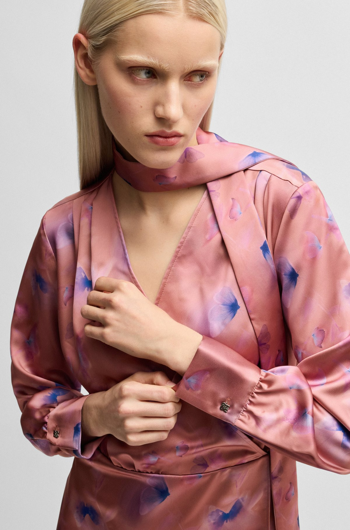 WRAP-FRONT DRESS WITH BUTTERFLY PRINT AND BUTTON CUFFS - 6
