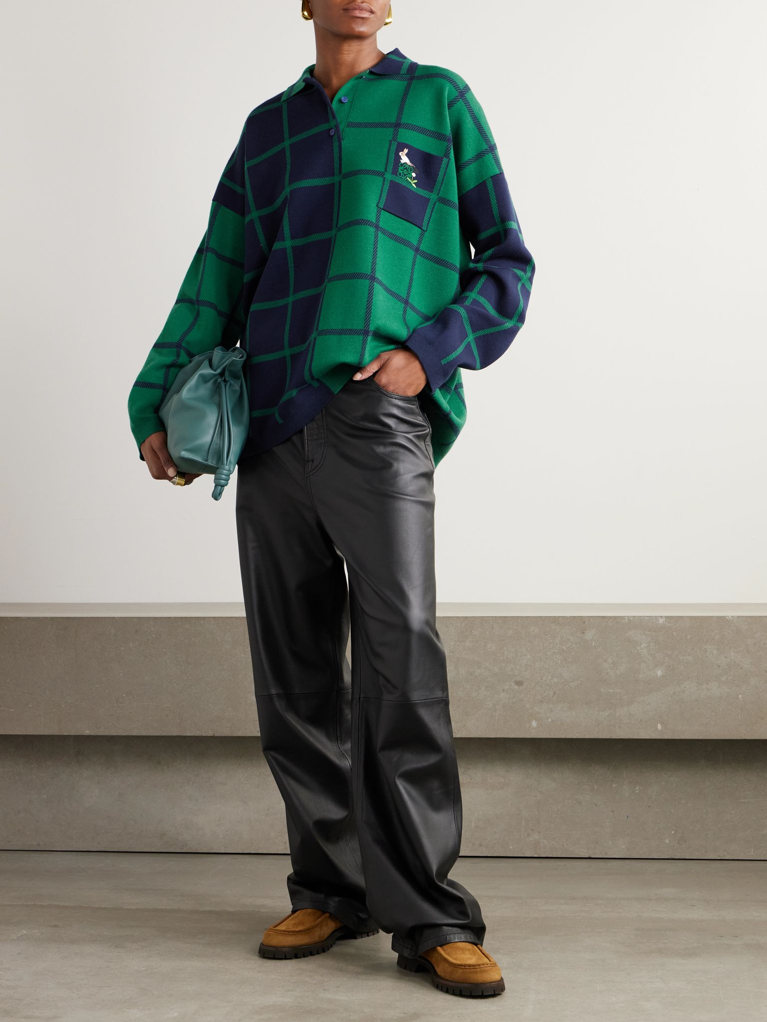 + Suna Fujita embroidered checked knitted polo shirt Green - 2