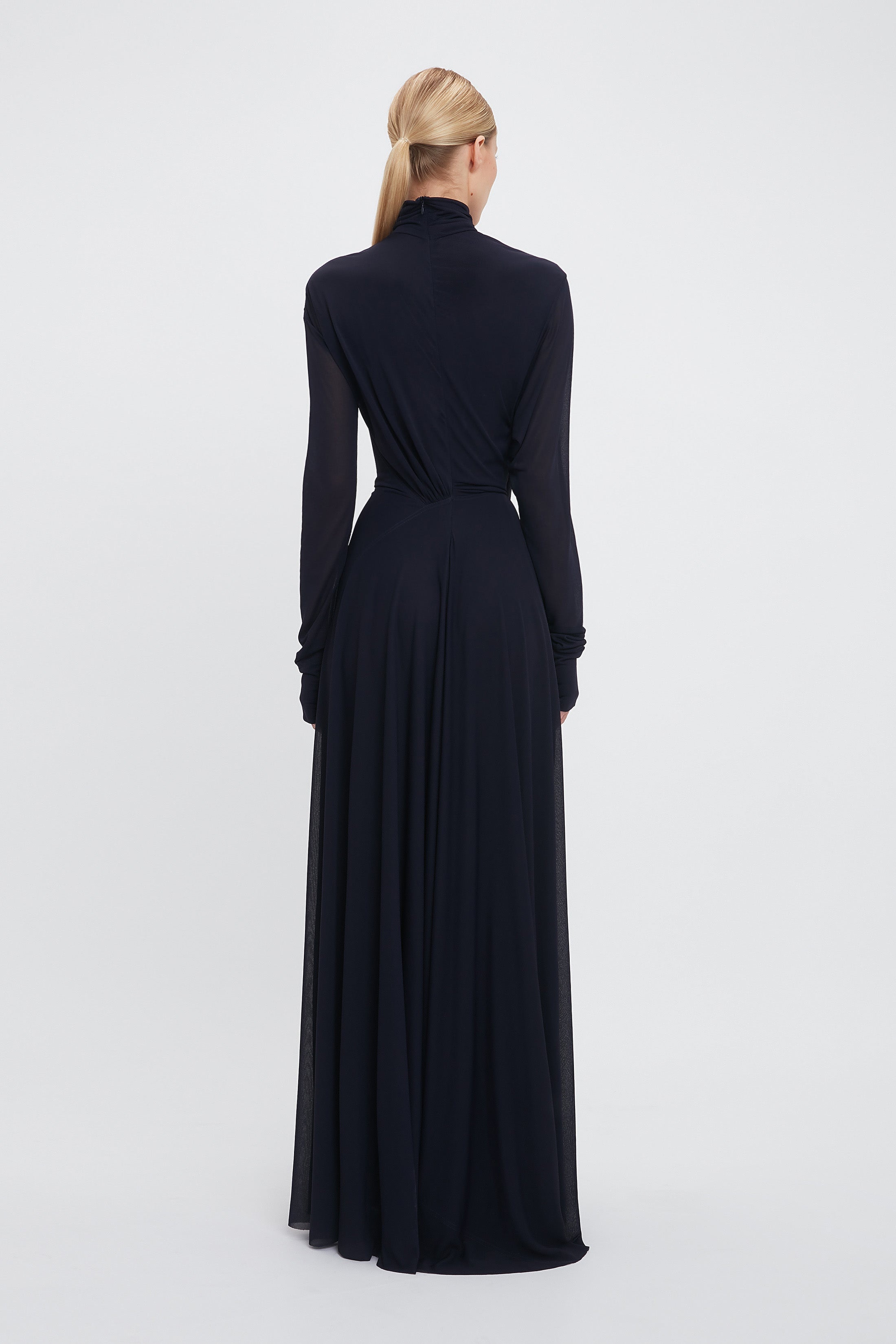 Long Sleeve Draped Jersey Floor-Length Gown In Ink Blue - 5