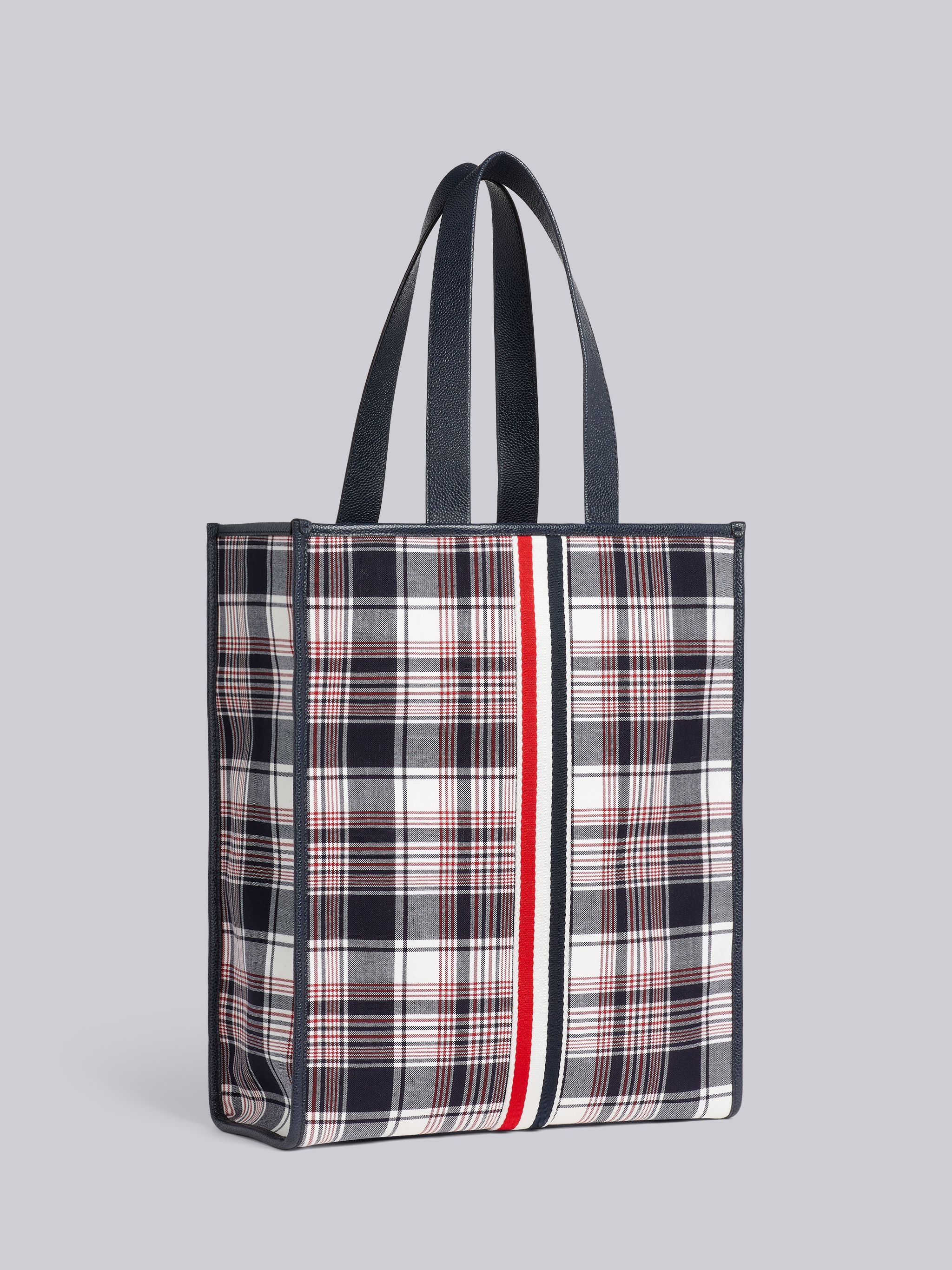 Multicolor Hairline Madras Check Suiting Webbing Stripe Vertical Tote - 3
