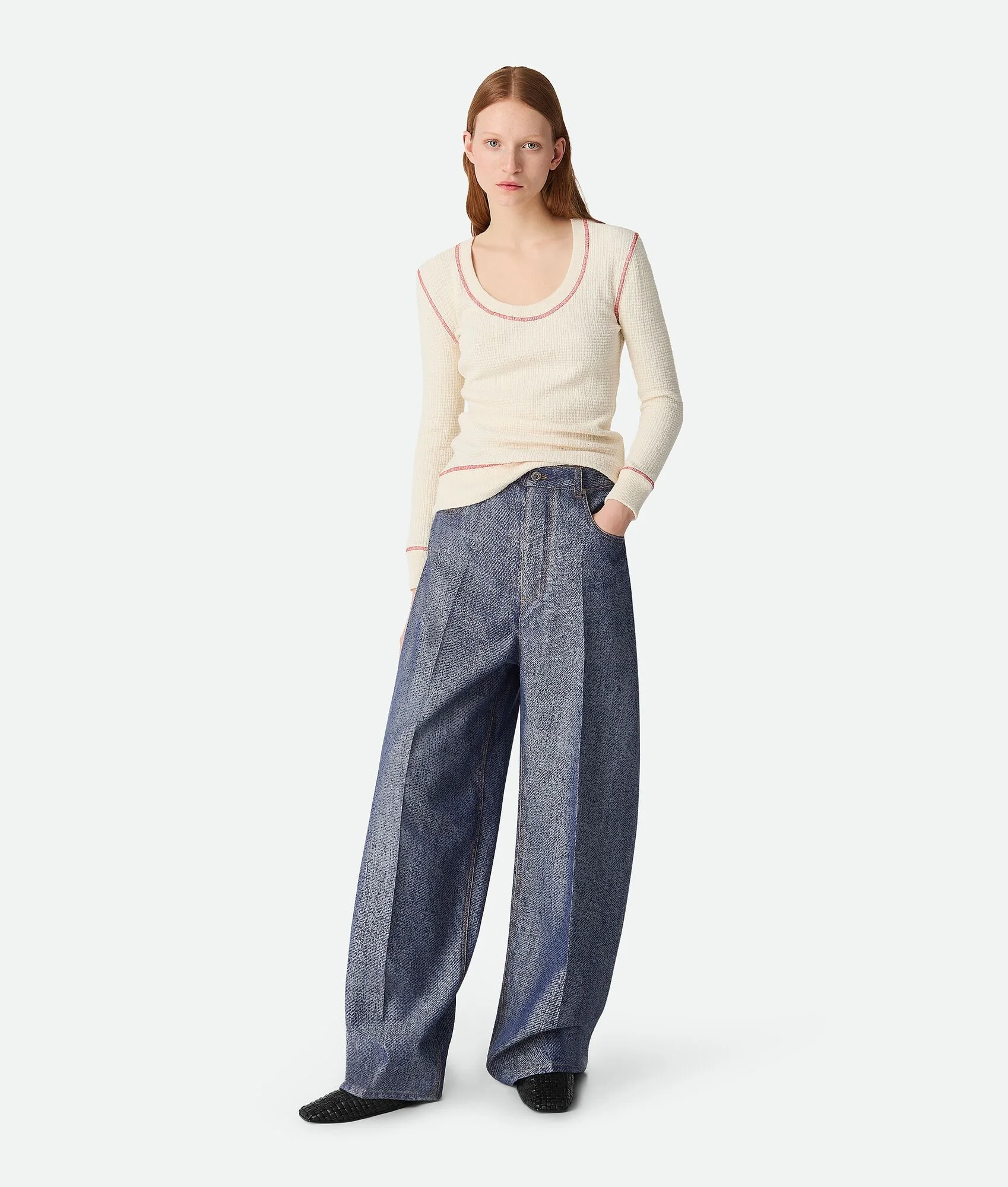 Denim Jacquard 넓은 다리 바지 - 1