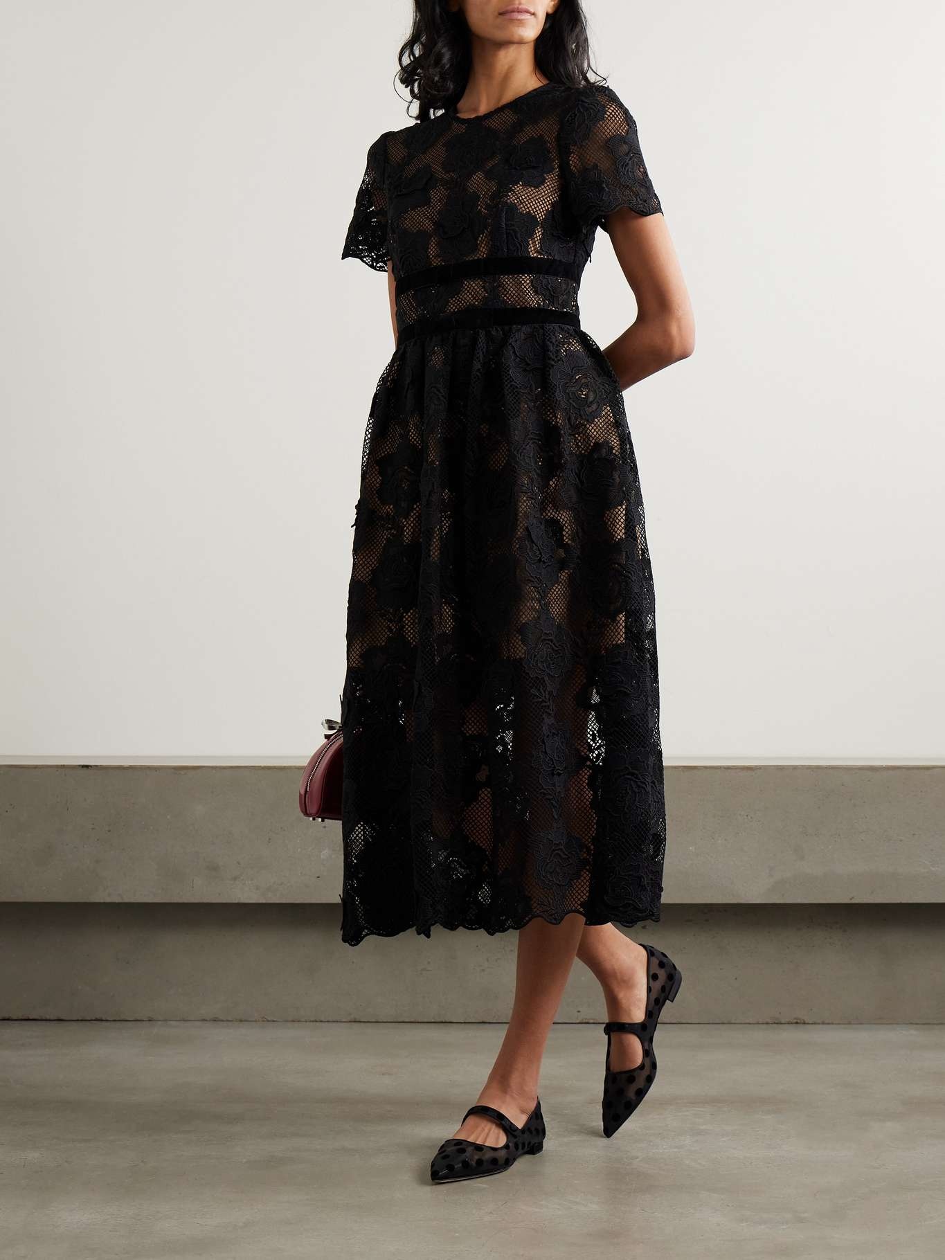 Belted velvet-trimmed corded lace midi dress - 2